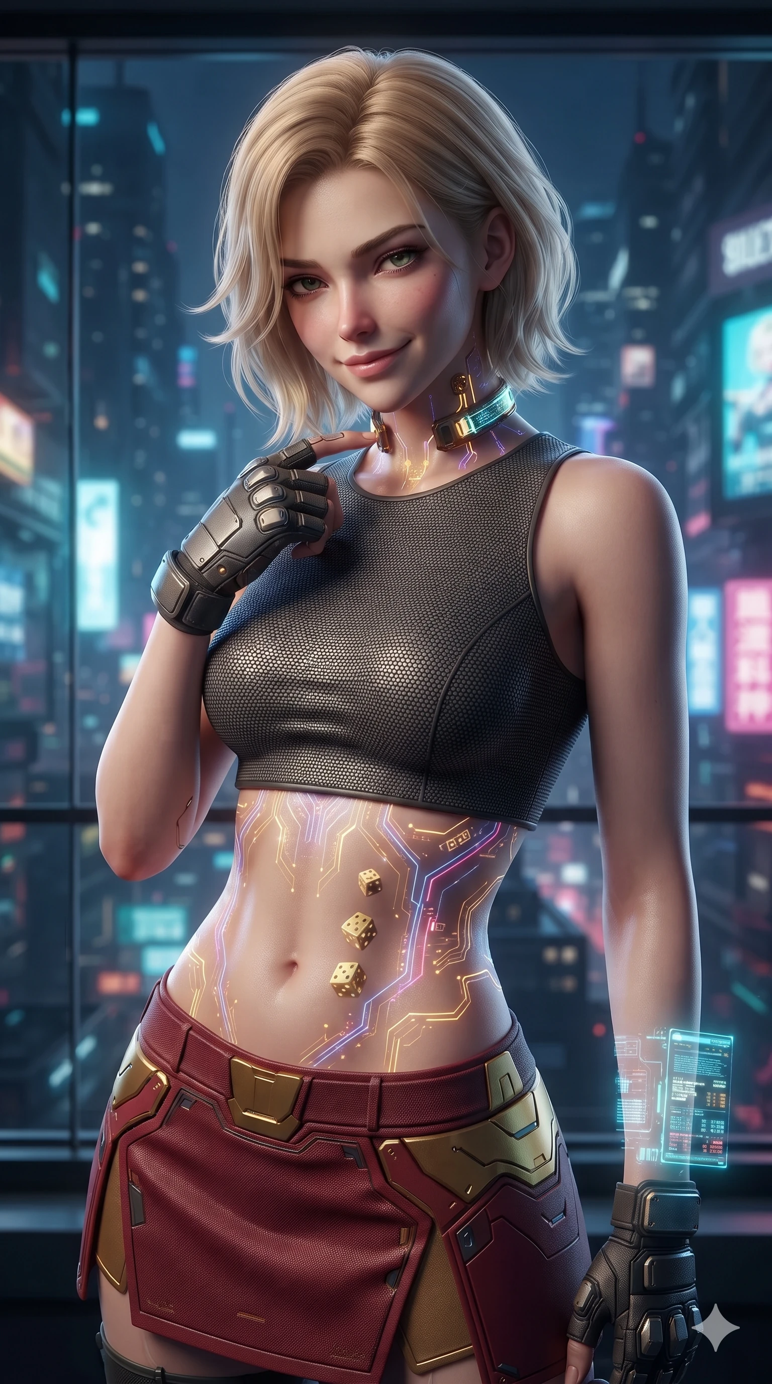 score_9, masterpiece, best quality, ultra-detailed, high-budget anime keyframe, editorial fashion photography, tasteful artistic composition, Caucasian woman. close-up cowboy shot from the waist and thighs up, the character dominates the composition, filling the frame with her large presence. tilting her head with a teasing half-smile, running one finger slowly along her glowing comm-link collar in a flirtatious gesture while twisting her slender torso in an alluring S-curve, pulsing cyber-skyline light and golden dice glyphs tracing her flat midriff and hourglass curves. The surrounding environment is rendered in vivid detail and crisp panoramic clarity: sharp holographic dice numeral facets, polished black marble counter bevels, and crisp skyscraper window grids in deep focus. She has an exceptionally elegant, slender, and willowy female figure with an ultra-slim waist, flat toned midriff, narrow ribcage, and sculpted feminine hips creating an alluring, slim hourglass silhouette without bulk. sharp v-shaped jawline, high-bridge nose, intricate jewel-like sparkling eyes with depth, thick eyelashes, glossy parted lips with a natural sheen, bright confident smile with an enchanting and coquettish sensual glint, exuding both youthful magnetic charm and sovereign high-tech allure, flawlessly proportioned anatomical accuracy, strict slender model proportions, natural body alignment, perfectly sculpted long slender limbs, ultra-slim waistline, clean dynamic posture without body distortion. wearing a body-hugging modern carbon-alloy crop top paired with a low-rise tactical skirt and a subtle waist cut-out in relativistic crimson and blazing accretion gold, made of flexible bullet-resistant ballistic microfiber with high-tensile strength, complemented by fingerless armored tactical gloves and a glowing holographic wrist terminal, the impeccably tailored cut draping gracefully along her slender figure with aristocratic poise. bathed in the dazzling panoramic ambient glow of the multi-tiered neon metropolis filtered through panoramic glass. ultra-reflective glossy finish, specular highlights, rich textural contrasts, high-contrast stereoscopic depth, volumetric dynamic lighting, 2k, ultra detail, master piece, 9:16 ratio