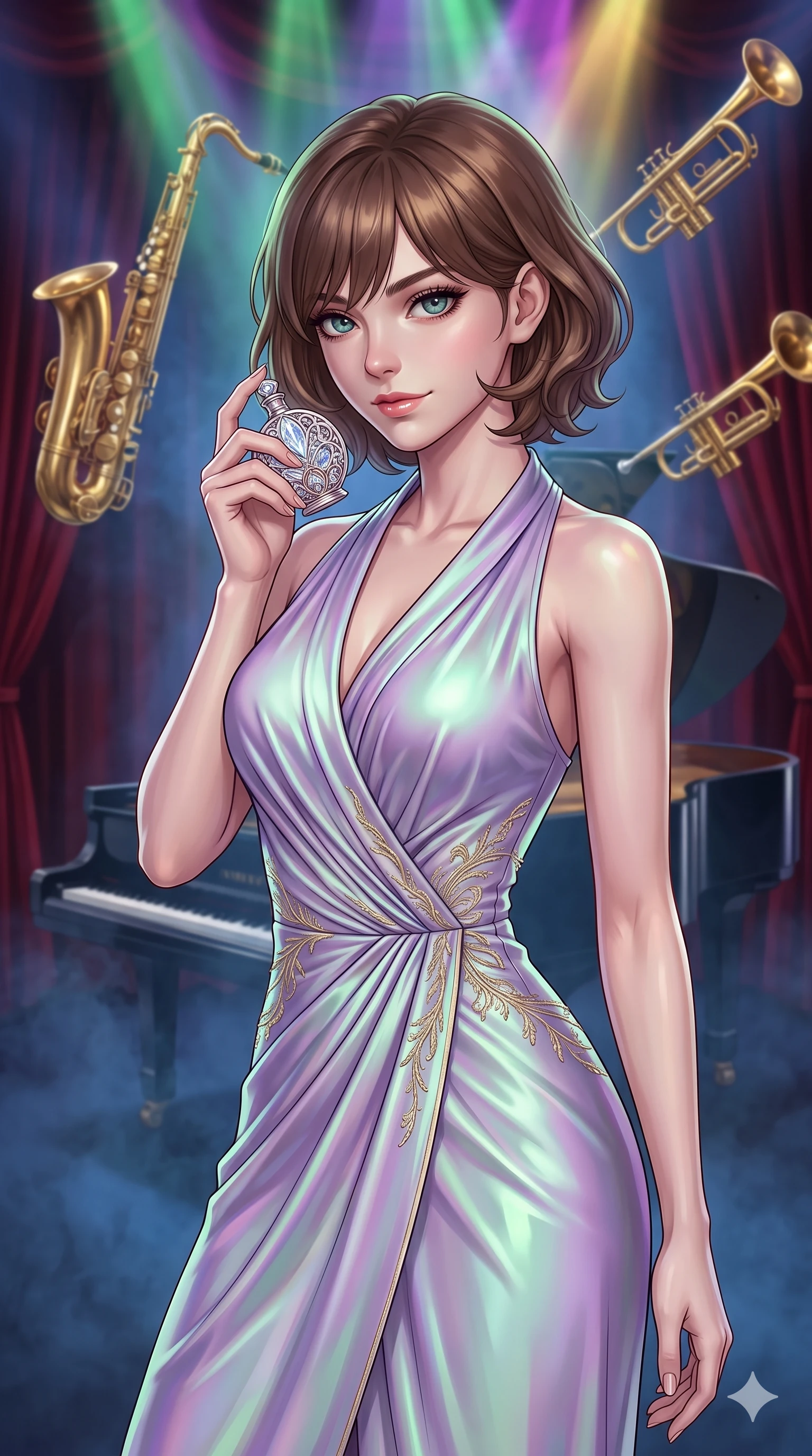 score_9, masterpiece, best quality, ultra-detailed, high-budget anime keyframe, editorial fashion photography, tasteful artistic composition, Caucasian woman, strictly human ears. close-up cowboy shot from the waist and thighs up, the character dominates the composition, filling the frame with her large presence, background elements kept in soft focus. Holding a delicate object up near her face while gazing at the viewer with a knowing smile. set against a soft-focus background of commanding the spotlight on a velvet-curtained jazz club stage surrounded by floating brass saxophones and trumpets that gleam in the smoky blue atmosphere with a grand piano hovering behind her. She has an exceptionally elegant and slender, willowy female figure with an ultra-slim waist, a gracefully sculpted slender torso, and a refined slim physique. sharp v-shaped jawline, high-bridge nose, intricate jewel-like eyes with depth, thick eyelashes, glossy lips with a natural sheen. wearing a luminous satin wrap dress in a shifting holographic lavender-to-mint-green hue, draping and clinging to her slender waist with elegant precision. illuminated by a shifting aurora palette of green violet and gold from above. 2k, ultra detail, master piece, 9:16 ratio