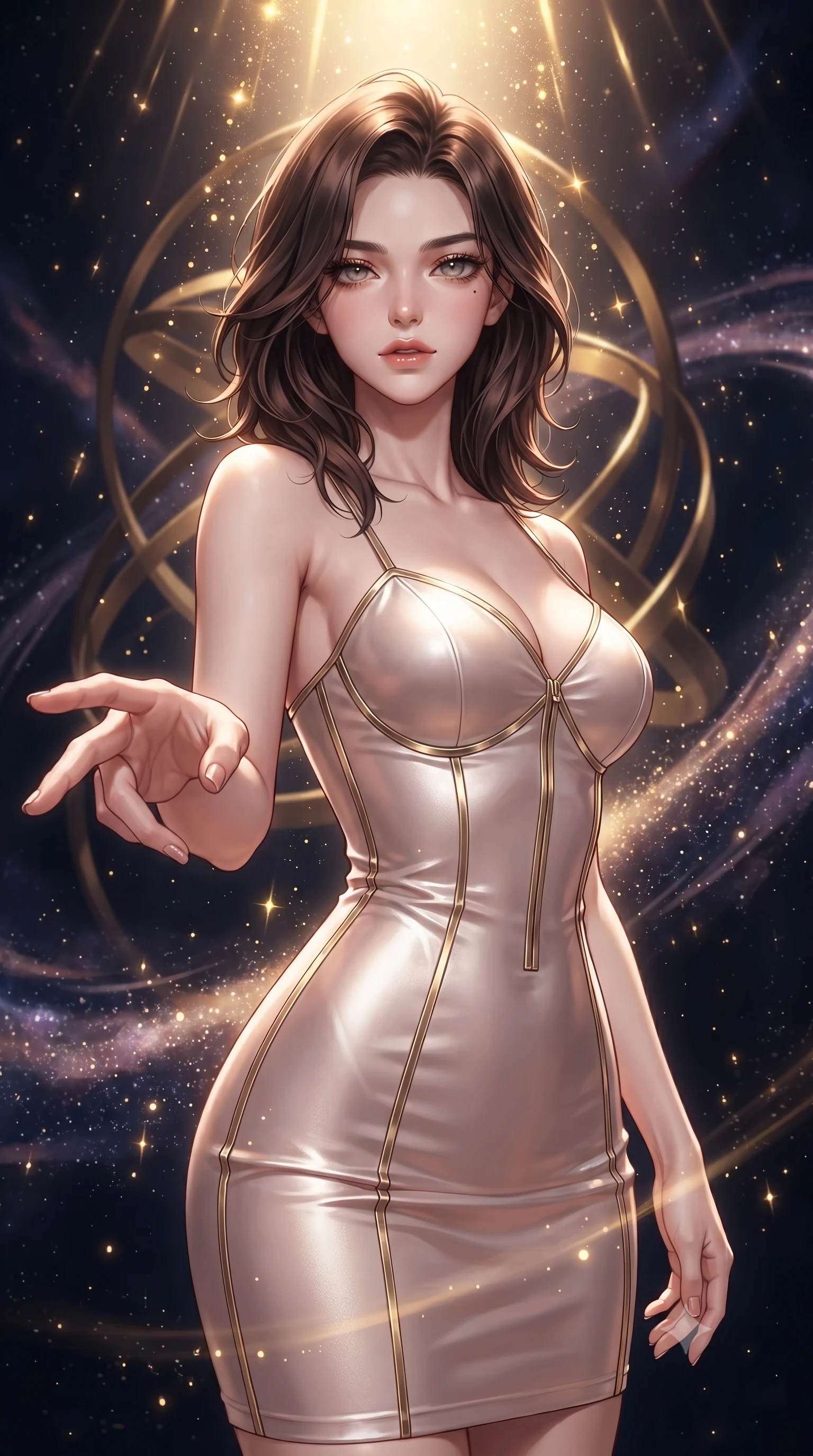 score_9, masterpiece, best quality, ultra-detailed, high-budget anime keyframe, editorial fashion photography, tasteful artistic composition, Korean woman. close-up cowboy shot from the waist and thighs up, the character dominates the composition, filling the frame with her large presence, background elements kept in soft focus. Reaching one hand toward the viewer with relaxed elegance, navigating an armillary sphere hall surrounded by swirling streams of galaxy dust, golden starlight particles falling around her like a radiant shower. She has an exceptionally elegant, slender, and willowy female figure with an ultra-slim waist, a gracefully sculpted slender torso, and a refined silhouette. sharp v-shaped jawline, high-bridge nose, intricate jewel-like eyes with depth, thick eyelashes, glossy lips with a natural sheen. wearing aerodynamic second-skin rose-gold metallic bodycon dress in pearl white, made of soft rose-gold satin, finished with metallic gold boning and sleek zipper points, highlighting her statuesque proportions and ultra-slim waistline. lit by sharp golden key rays contrasting against cosmic shadows. highly saturated vibrant anime colors, detailed shading with soft gradients, rich glossy textures, high-contrast stereoscopic depth, volumetric dynamic lighting, master piece, 9:16 ratio