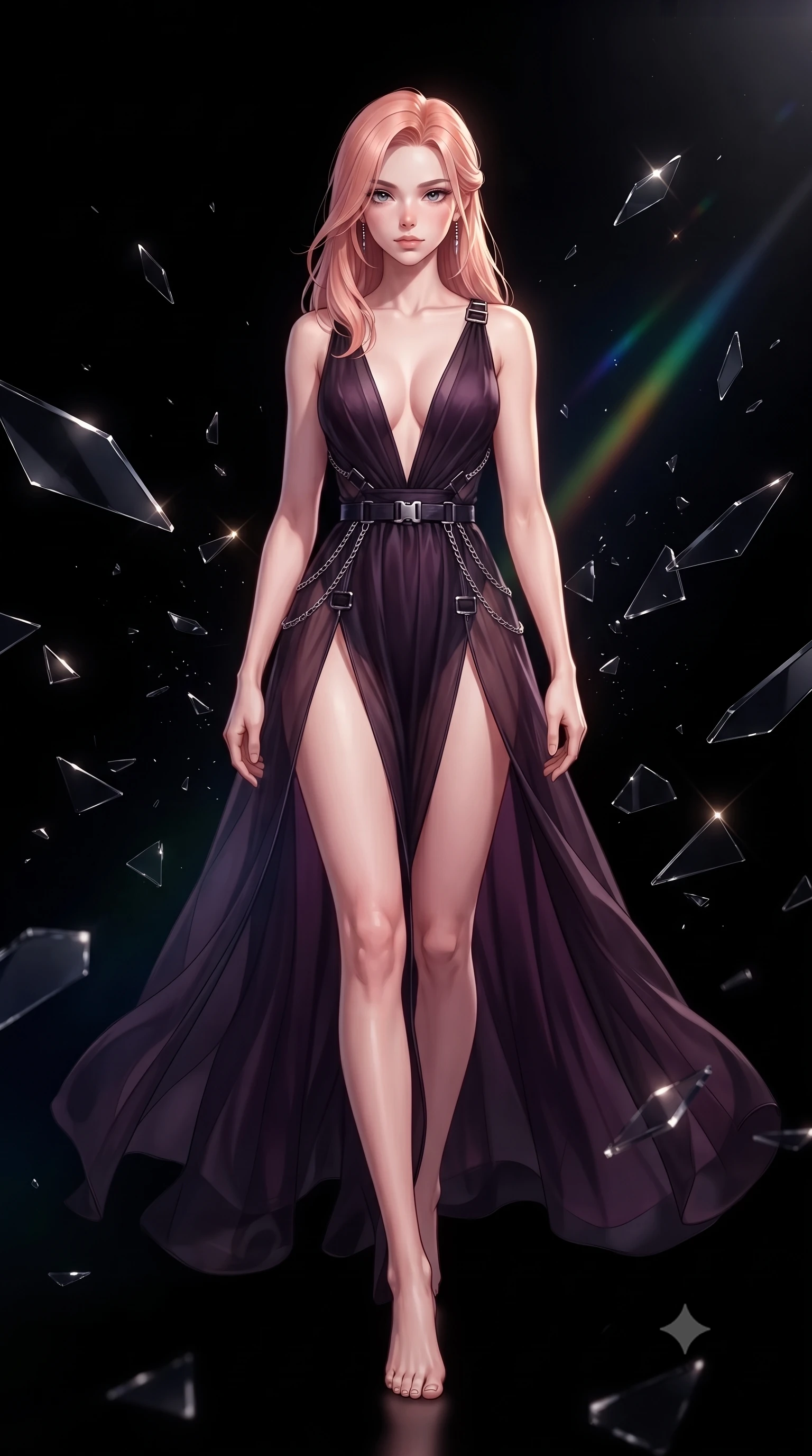 score_9, masterpiece, best quality, ultra-detailed, high-budget anime keyframe, editorial fashion photography, tasteful artistic composition, Japanese woman. low angle full-body shot from head to toe showing her feet, filling the entire 9:16 vertical frame with her statuesque presence, stretching her vertical silhouette. navigating the midnight sanctuary with an effortless, graceful stride, resting amidst a blizzard of floating dark mirror shards in a pitch-black void, shattered dark glass shards suspended in mid-air catching specular gleams. She has an absolutely perfect, statuesque 8.5-heads proportion, an exceptionally tall and slender model-like female figure with impossibly long slender legs and an ultra-slim waist. sharp v-shaped jawline, high-bridge nose, intricate jewel-like eyes with depth, thick eyelashes, glossy lips with a natural sheen. wearing deep plunging V-neckline midnight gown with daring high thigh slit in dark plum violet, made of sheer dark organza overlay, framed by dark titanium buckles and silver chain details, contouring every curve with an exceptionally elegant silhouette. lit by a single piercing key ray refracting into multi-color dark spectrums. highly saturated vibrant anime colors, detailed shading with soft gradients, rich glossy textures, high-contrast stereoscopic depth, volumetric dynamic lighting, master piece, 9:16 ratio
