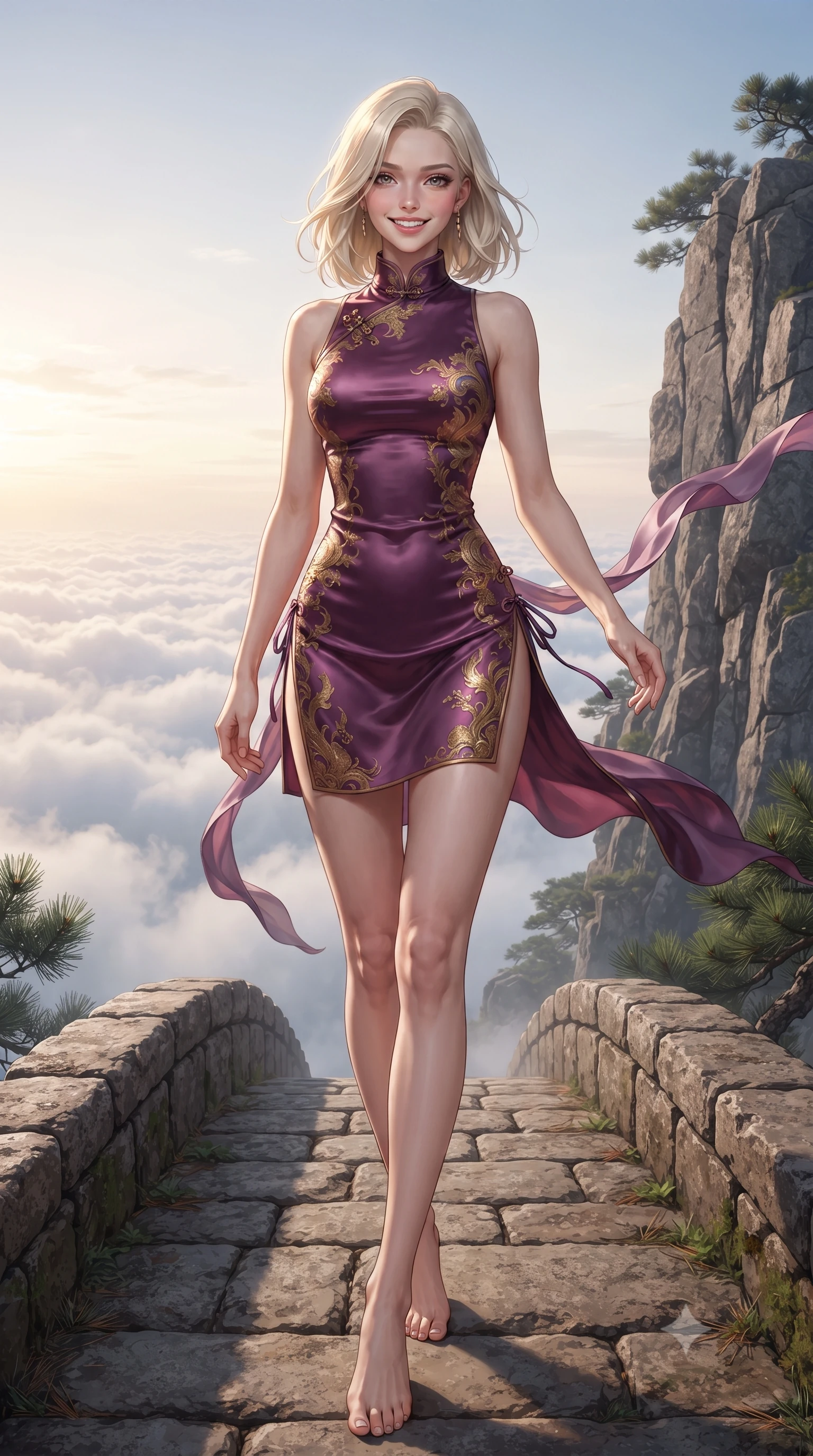 score_9, masterpiece, best quality, ultra-detailed, high-budget anime keyframe, editorial fashion photography, tasteful artistic composition, Caucasian woman. low angle full-body shot from head to toe showing her feet, filling the entire 9:16 vertical frame with her statuesque presence, stretching her vertical silhouette. stepping forward gracefully across the stone bridge in mid-motion with a radiant beaming smile, hips swaying in an alluring kinetic rhythm that accentuates her curvy hourglass silhouette and long slender legs while standing poised on a sheer granite cliff ledge overlooking the rolling sea of clouds at sunrise, arching her back with breathtaking supermodel poise. The surrounding environment is rendered in vivid detail and crisp panoramic clarity: sharp weathered granite rock fractures, pine needle cluster textures, and rising cloud mist clarity in deep focus. She has an absolutely perfect, statuesque 8.5-heads proportion, an exceptionally tall and slender model-like female figure with impossibly long slender legs, an ultra-slim waist, a flat toned midriff, narrow delicate ribcage, and beautifully sculpted feminine hips creating a graceful, slim hourglass silhouette without any bulky heaviness. sharp v-shaped jawline, high-bridge nose, intricate jewel-like dark sparkling almond eyes with depth, thick lashes, glossy parted lips with a natural rose-plum sheen, bright alluring and coquettish smile with bedroom-eyes, exuding both timeless oriental elegance and sovereign high-fashion allure, flawlessly proportioned anatomical accuracy, strict slender model proportions, natural body alignment, perfectly sculpted long slender limbs, ultra-slim waistline, clean dynamic posture without body distortion. wearing a form-contouring sleeveless turtleneck mini dress in liquid silk satin with subtle side hip ties and high slits in rich plum violet and gilded bronze embroidery, made of supple second-skin stretch silk jersey clinging flawlessly to her form, accented with flowing gossamer silk ribbons that flutter dynamically in the evening breeze, the liquid-tight tailored silk fabric clinging flawlessly to her narrow waist and rounded feminine hips, emphasizing every millimeter of her sculpted slim hourglass curves without any bulky heaviness. illuminated by white cloud bounce fill and sharp warm-gold rim lighting sculpting her razor-sharp jawline, narrow waist, and curvy hips. ultra-reflective glossy finish, specular highlights, rich textural contrasts, high-contrast stereoscopic depth, volumetric dynamic lighting, 2k, ultra detail, master piece, 9:16 ratio