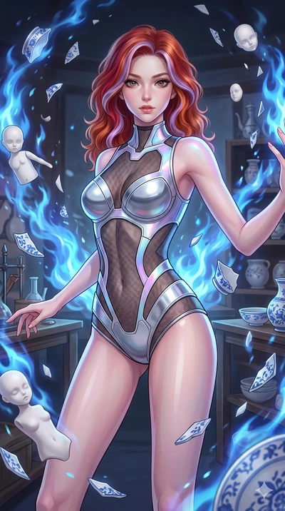 score_9, masterpiece, best quality, ultra-detailed, high-budget anime keyframe, Caucasian woman, strictly human ears. upper body close-up from the thighs up, character filling the screen for maximum presence. assisting in an alchemical porcelain work