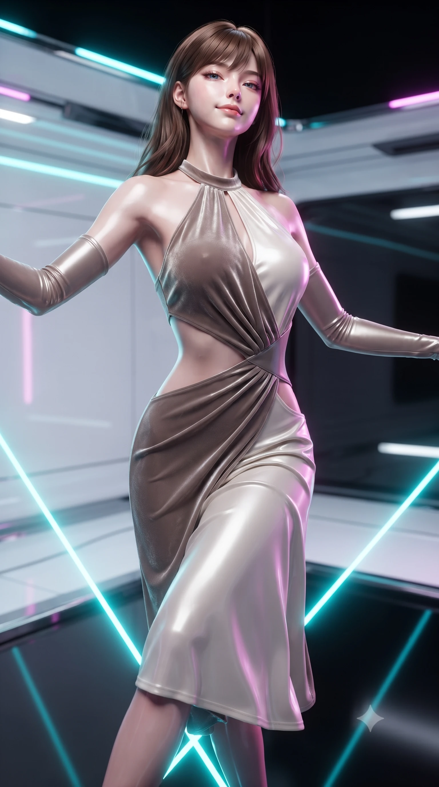 score_9, masterpiece, best quality, ultra-detailed, high-budget anime keyframe, editorial fashion photography, tasteful artistic composition, Korean woman. close-up cowboy shot from the waist and thighs up, the character dominates the composition, filling the frame with her large presence, background elements kept in soft focus. Tilting her chin up with an air of effortless superiority while balancing dynamically amidst the scene while balancing dynamically on a high-tension cyan laser wire in a dark cybernetic arena, sleek reflective white and chrome surfaces emphasizing ultra-clean lines. She has an exceptionally elegant, slender, and willowy female figure with an ultra-slim waist, a gracefully sculpted slender torso, and a refined silhouette. sharp v-shaped jawline, high-bridge nose, intricate jewel-like eyes with depth, thick eyelashes, glossy lips with a natural sheen, flawlessly proportioned anatomical accuracy, natural body alignment, perfectly sculpted elegant limbs, clean dynamic posture without body distortion. wearing a velvet halter-neck midi dress following her form like a glove in muted taupe and soft ivory, crafted from lustrous satin jersey with fluid draping, featuring clean architectural cutouts along her slender torso, the glove-like fit emphasizing her statuesque silhouette during motion. bathed in brilliant neon cyan and magenta rim light with clean white key light. ultra-reflective glossy finish, specular highlights, metallic sheen, high-contrast stereoscopic depth, volumetric dynamic lighting, 2k, ultra detail, master piece, 9:16 ratio
