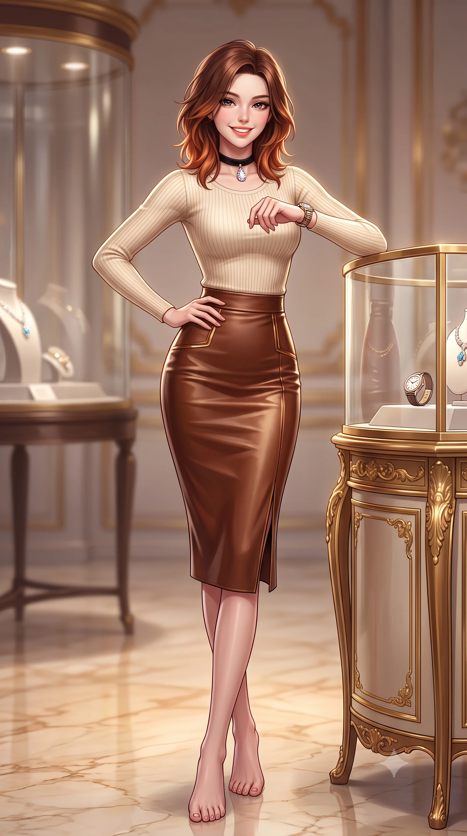 score_9, masterpiece, best quality, ultra-detailed, high-budget anime keyframe, semi-realistic 3D game render, editorial fashion photography, tasteful artistic composition, Korean woman. low angle full-body shot from head to toe showing her feet, filling the entire 9:16 vertical frame with her statuesque presence, stretching her vertical silhouette. standing tall and centered in the frame with one hand on her hip, radiating statuesque poise, an ultra-slim waist, and captivating allure while leaning gracefully against the curved gilded vitrine examining a luxury timepiece, her posture straight and commanding with aristocratic cool. The background shows a soft-focus glass display cases with luxury jewels softened in opulent Parisian palace shallow focus. She has an exceptionally tall and slender model-like 8.5-heads proportion, an ultra-slim waist, a flat toned midriff, narrow delicate ribcage, and beautifully sculpted feminine hips creating a graceful, slim hourglass silhouette without any bulky heaviness, with impossibly long slender legs. sharp v-shaped jawline, high-bridge nose, intricate jewel-like sparkling eyes with depth, thick eyelashes, glossy parted lips with a natural peach sheen, bright cheerful beaming smile with an enchanting and coquettish sensual glint, exuding both youthful cute charm and seductive allure, flawlessly proportioned anatomical accuracy, strict slender model proportions, natural body alignment, perfectly sculpted long slender limbs, ultra-slim waistline, clean dynamic posture without body distortion. wearing a body-hugging French chic knit top paired with a form-contouring leather pencil midi skirt with a subtle walking vent in warm chestnut brown and burnished gold, tailored from form-contouring ribbed merino wool hugging her torso like a second skin, finished with a narrow velvet neck ribbon and a sparkling teardrop crystal pendant, the glove-like clinging cut tightly following the natural contour of her hips and long slender legs with youthful 8.5-heads elegance. illuminated by polished marble floor bounce and pristine champagne rim lights defining her razor-sharp jawline and elegant tailored silhouette. highly saturated vibrant anime colors, detailed shading with soft gradients, rich glossy textures, high-contrast stereoscopic depth, volumetric dynamic lighting, master piece, 9:16 ratio