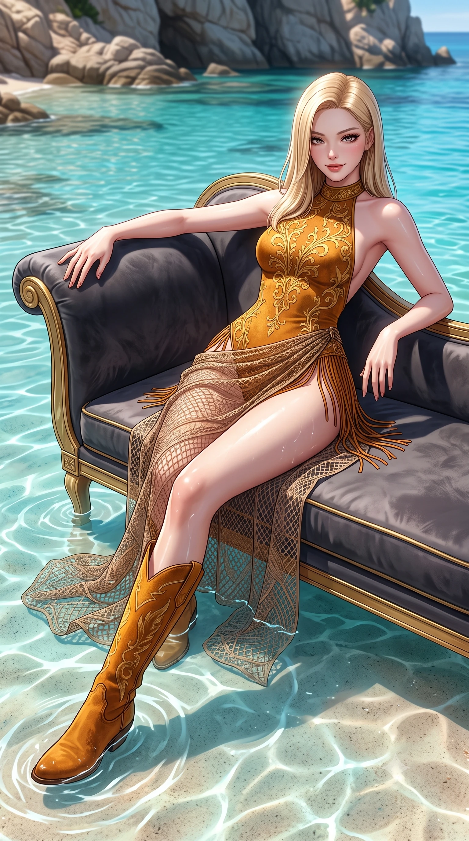 score_9, masterpiece, best quality, ultra-detailed, high-budget anime keyframe, semi-realistic 3D game render, editorial fashion photography, tasteful artistic composition, Korean woman. low angle full-body shot from head to toe showing her feet, filling the entire 9:16 vertical frame with her statuesque presence, stretching her vertical silhouette. reclining gracefully across the plush chaise lounge with one leg extended, her sculpted silhouette and flat midriff radiating magnetic nocturnal glamour while lounging in the shallow water over smooth sand with legs extended, water gently lapping her thighs as she casts a smoldering bedroom-gaze. The surrounding environment is rendered in vivid detail and crisp panoramic clarity: detailed sheer mesh beach sarong weave, dewy skin highlights, and untouched Sardinian coastal geology in razor-sharp precision. She has an absolutely perfect, statuesque 8.5-heads proportion, an exceptionally tall and slender model-like female figure with impossibly long slender legs, an ultra-slim waist, a flat toned midriff, narrow delicate ribcage, and beautifully sculpted feminine hips creating a graceful, slim hourglass silhouette without any bulky heaviness. sharp v-shaped jawline, high-bridge nose, sparkling eyes with hypnotic seductive depth, thick curled eyelashes, glossy parted lips with a natural dewy peach sheen, alluring bedroom-eyes with an enchanting coquettish smile, exuding magnetic siren charisma and sophisticated glamour, flawlessly proportioned anatomical accuracy, strict slender model proportions, natural body alignment, perfectly sculpted long slender limbs, ultra-slim waistline, clean dynamic posture without body distortion. wearing a slinky backless halterneck suede leotard with fringe accents along the side hips and thigh-high cowboy boots in warm amber honey and antique gold leaf, tailored from ultra-soft distressed suede with velvety hand-feel and rich shadow depth, finished with a delicate leather fringe trim fluttering along her hip line with kinetic charm, the high-slit wrap tailoring accentuating her ultra-slim waistline and the enchanting curve of her feminine hips with alluring seductive charm. illuminated by lagoon water caustic bounce and sharp platinum rim lights defining her delicate clavicles, narrow waist, and curvy hips. highly saturated vibrant anime colors, detailed shading with soft gradients, rich glossy textures, high-contrast stereoscopic depth, volumetric dynamic lighting, master piece, 9:16 ratio