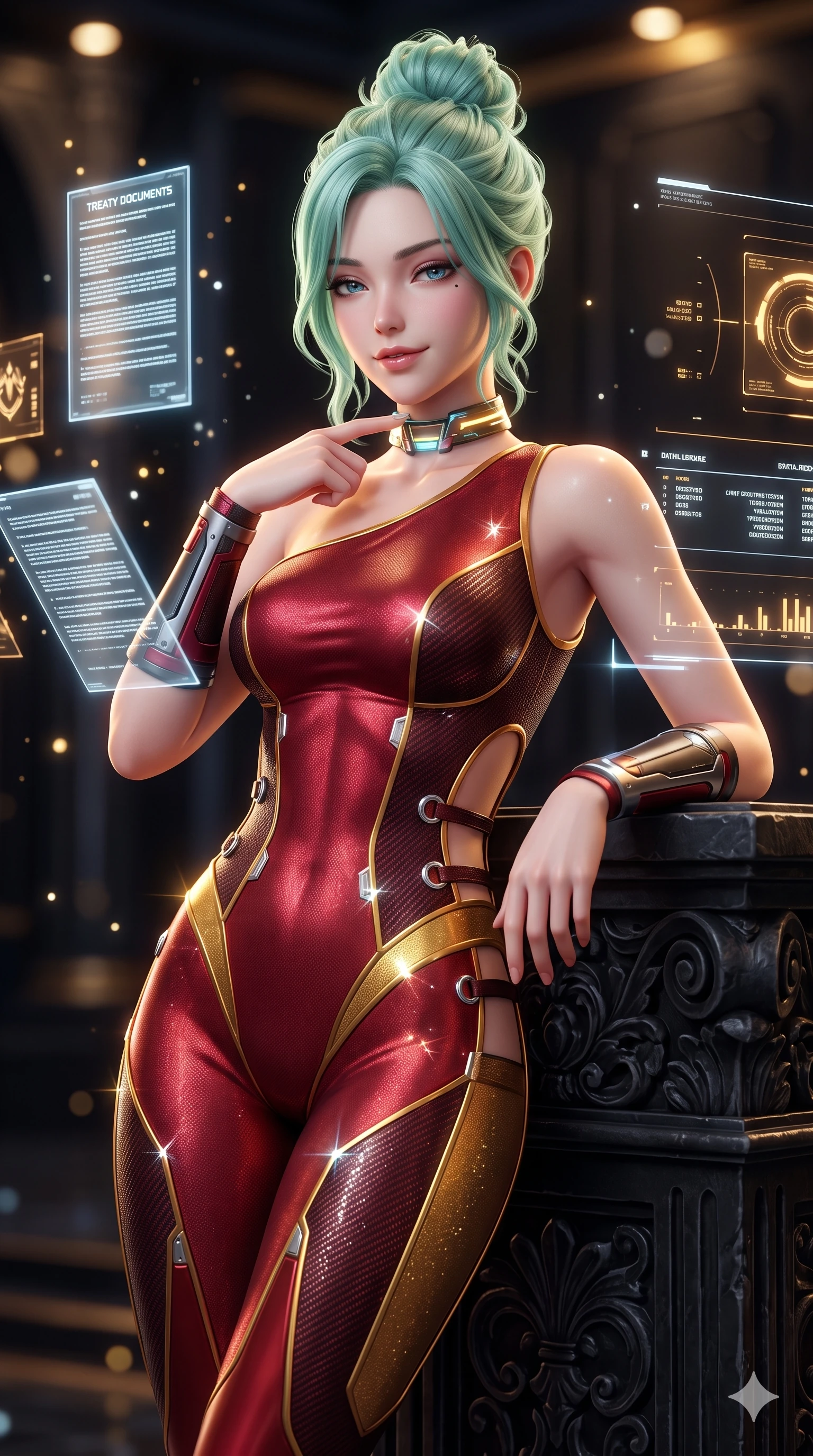 score_9, masterpiece, best quality, ultra-detailed, high-budget anime keyframe, semi-realistic 3D game render, editorial fashion photography, tasteful artistic composition, Japanese woman. close-up cowboy shot from the waist and thighs up, the character dominates the composition, filling the frame with her large presence. tilting her head with a teasing half-smile, running one finger slowly along her glowing comm-link collar in a flirtatious gesture while leaning against the carved black stone rostrum with hips cocked back, looking through floating luminous treaty documents with heavy-lidded seductive eyes. The background shows a soft-focus floating holographic glyphs and crystal refractions blurred into gold, platinum, and deep obsidian bokeh. She has an exceptionally elegant, slender, and willowy female figure with an ultra-slim waist, flat toned midriff, narrow ribcage, and sculpted feminine hips creating an alluring, slim hourglass silhouette without bulk. sharp v-shaped jawline, high-bridge nose, intricate jewel-like sparkling eyes with depth, thick eyelashes, glossy parted lips with a natural sheen, bright confident smile with an enchanting and coquettish sensual glint, exuding both youthful magnetic charm and sovereign high-tech allure, flawlessly proportioned anatomical accuracy, strict slender model proportions, natural body alignment, perfectly sculpted long slender limbs, ultra-slim waistline, clean dynamic posture without body distortion. wearing an asymmetric one-shoulder combat catsuit with carbon-weave paneling and an open-waist architecture emphasizing her hips in relativistic crimson and blazing accretion gold, woven from stretch metallic lurex jersey casting radiant starlight glints across her curves, finished with sharp laser-cut side ventilation slits framed by silver hardware rings, the form-fitting tactical tailoring adhering flawlessly to her sculpted flat midriff and slender torso, emphasizing her long leg lines and perfectly proportioned willowy build. bathed in the prestigious warm 2800K glow of recessed golden cove lighting mixed with crisp cold white crystal data projections. highly saturated vibrant anime colors, detailed shading with soft gradients, rich glossy textures, high-contrast stereoscopic depth, volumetric dynamic lighting, master piece, 9:16 ratio