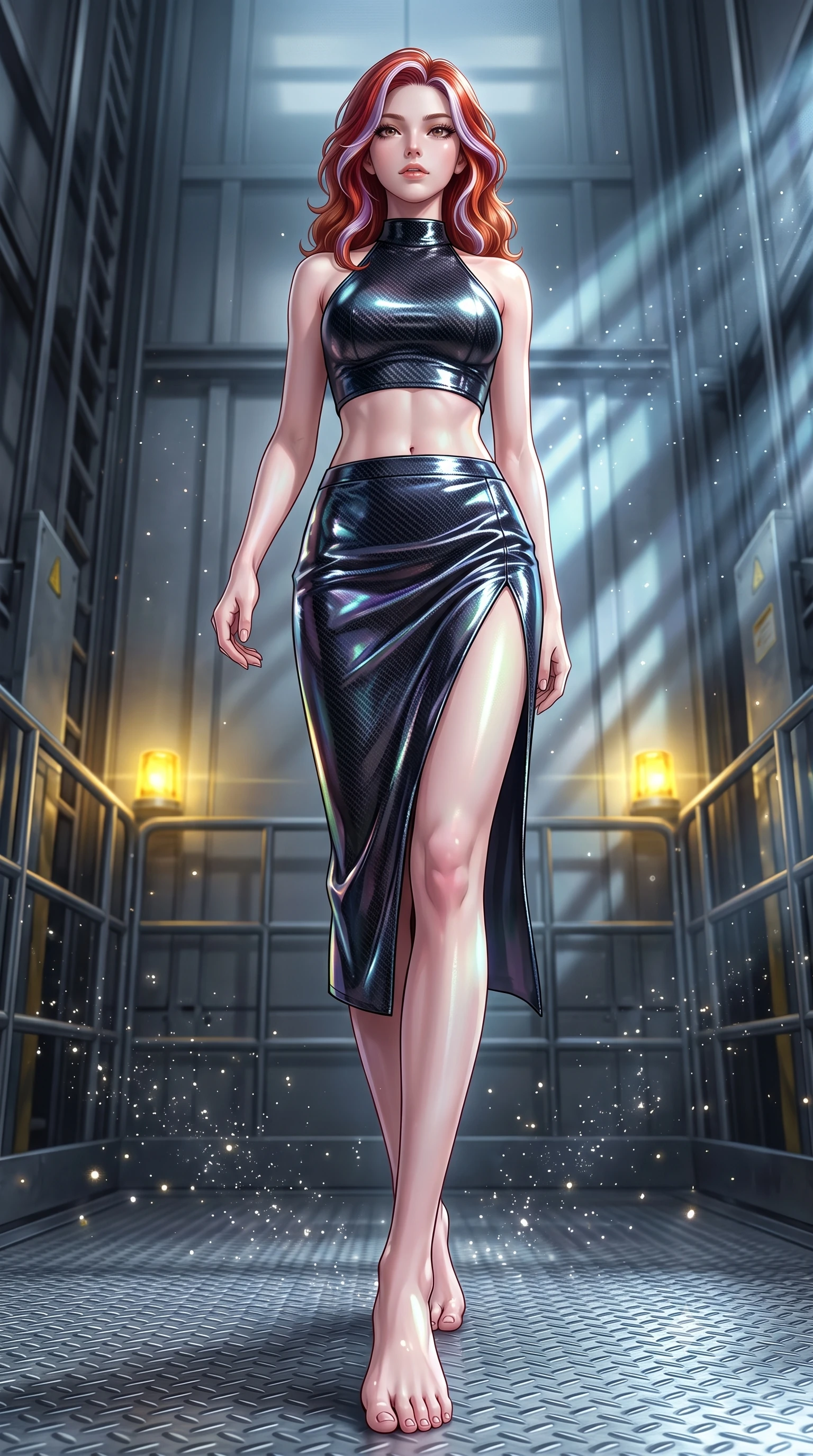 score_9, masterpiece, best quality, ultra-detailed, high-budget anime keyframe, editorial fashion photography, tasteful artistic composition, Caucasian woman. low angle full-body shot from head to toe showing her feet, filling the entire 9:16 vertical frame with her statuesque presence, stretching her vertical silhouette. stepping gracefully through floating stardust particles, her body-contouring suit showing her athletic, slender silhouette, the background shows a soft-focus a studio cargo elevator platform with yellow beacons and safety racks. She has an absolutely perfect, statuesque 8.5-heads proportion, an exceptionally tall and slender model-like female figure with impossibly long slender legs and an ultra-slim waist. sharp v-shaped jawline, high-bridge nose, intricate jewel-like eyes with depth, thick eyelashes, glossy lips with a natural sheen. wearing a slim-fit carbon-fiber halter-neck crop top paired with a matching high-slit midi skirt, revealing her slim waist. dynamic moving light beams from passing elevator shaft signal lamps. ultra-reflective glossy finish, specular highlights, metallic sheen, high-contrast stereoscopic depth, volumetric dynamic lighting, 2k, ultra detail, master piece, 9:16 ratio