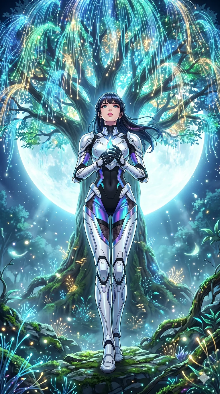 score_9, masterpiece, best quality, ultra-detailed, High-budget Anime Keyframe, vibrant colors, fluid line-art, expressive lighting, cinematic composition, Ufotable-style visual effects, top-tier animation quality, Korean woman with idol-like refined features. Low angle cowboy shot filling the entire 9:16 frame with her statuesque presence, looking up to emphasize her height. Communing with a ancient tree whose leaves are made of translucent fiber-optics. She has an absolutely perfect 8-heads proportion, an exceptionally tall and slender female figure with impossibly long slender legs and an ultra-slim waist, her statuesque height and towering silhouette dominating the vertical 9:16 frame. Her face is a masterpiece featuring a sharp v-shaped jawline, high-bridge nose, intricate jewel-like eyes with depth, thick eyelashes, and glossy lips with a natural sheen. She is wearing a White chrome-plated armor plating over a black plugsuit, featuring holographic fabric that shifts colors based on light and peek-a-boo mesh.. The scene is set in a mystical grove under a giant glowing moon that illuminates the fiber-optic flora. 2k, ultra detail, master piece, 9:16 ratio