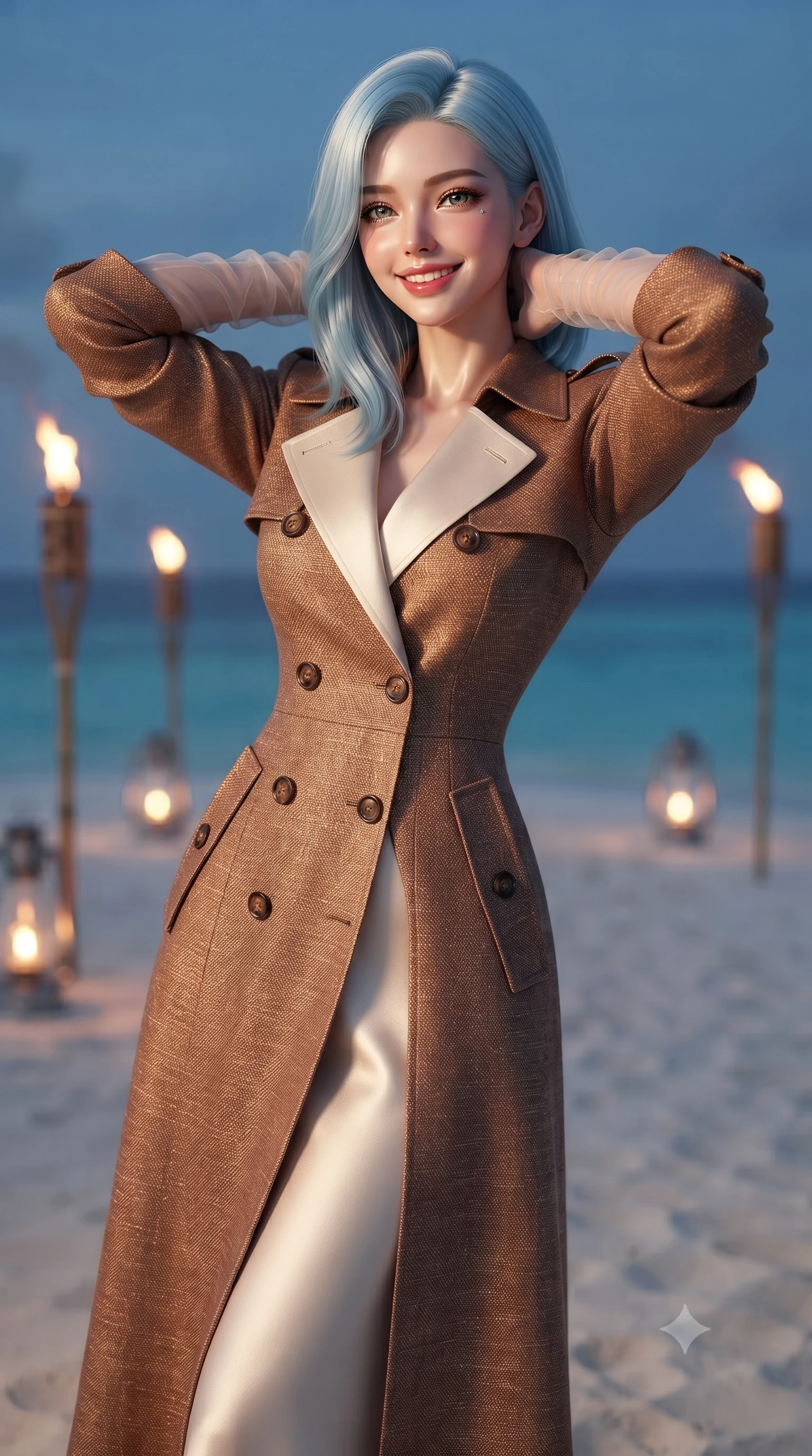 score_9, masterpiece, best quality, ultra-detailed, high-budget anime keyframe, editorial fashion photography, tasteful artistic composition, Korean woman. close-up cowboy shot from the waist and thighs up, the character dominates the composition, filling the frame with her large presence. resting both hands lightly behind her neck with elbows raised, arching her spine to highlight her narrow waist, flat midriff, and breathtaking collarbones while standing poised on the virgin powdery white sandbank completely surrounded by 360 degrees of turquoise ocean, arching her spine with effortless supermodel poise. The background shows a soft-focus flickering tiki torch flames softened in ultimate private island dining shallow focus. She has an exceptionally elegant, slender, and willowy female figure with an ultra-slim waist, flat toned midriff, narrow ribcage, and sculpted feminine hips creating an alluring, slim hourglass silhouette without bulk. sharp v-shaped jawline, high-bridge nose, intricate jewel-like sparkling eyes with depth, thick eyelashes, glossy parted lips with a natural peach sheen, bright cheerful beaming smile with an enchanting and coquettish sensual glint, exuding both youthful cute charm and seductive allure, flawlessly proportioned anatomical accuracy, strict slender model proportions, natural body alignment, perfectly sculpted long slender limbs, ultra-slim waistline, clean dynamic posture without body distortion. wearing a structured Cape Town coastal linen-tweed trench coat with tortoise buttons and storm flaps in antique bronze copper and dewy ivory silk, crafted from bespoke double-faced cashmere with an exceptionally soft tactile finish, complemented by sheer opera-length evening gloves tracing her slender arms, the impeccably tailored cut draping gracefully along her slender figure with aristocratic poise. bathed in the warm intimate 2200K glow of bamboo torches and hurricane lanterns contrasted with twilight sea hues. ultra-reflective glossy finish, specular highlights, rich textural contrasts, high-contrast stereoscopic depth, volumetric dynamic lighting, 2k, ultra detail, master piece, 9:16 ratio