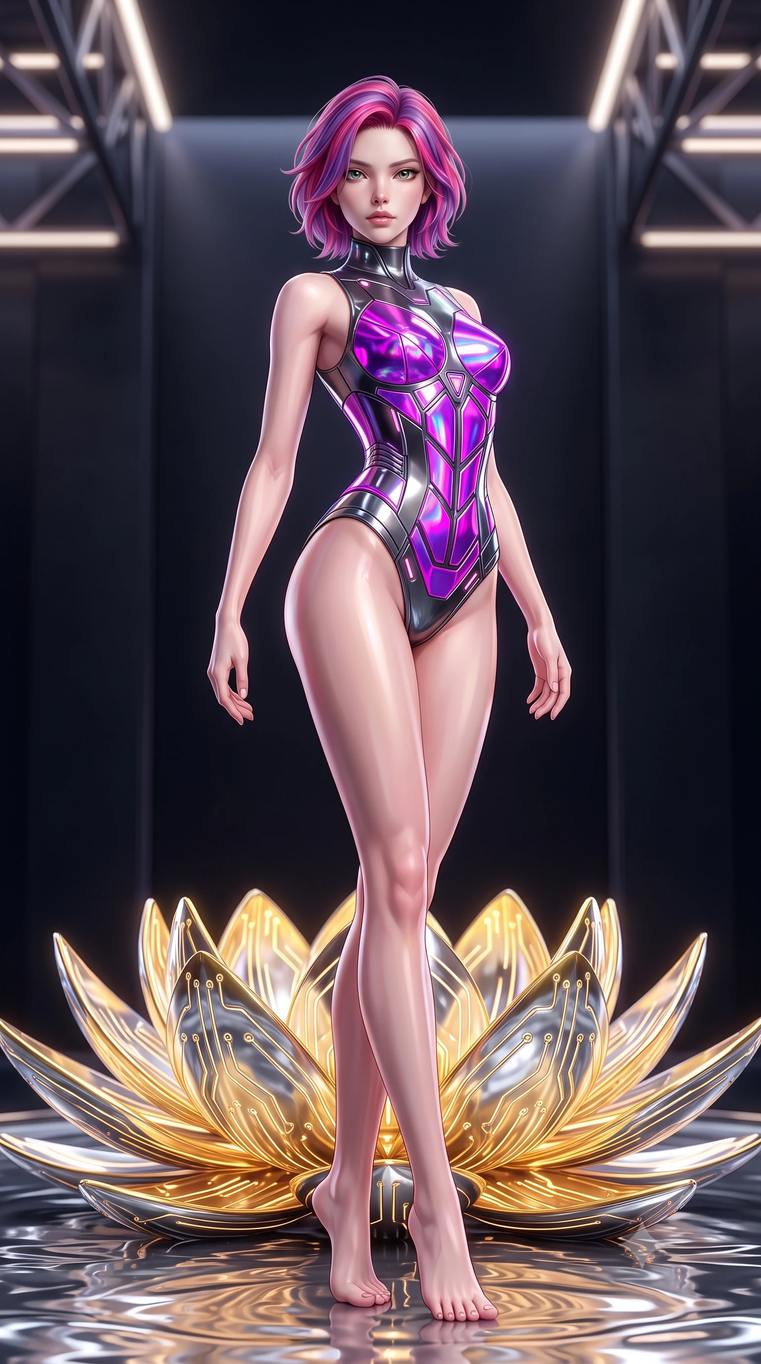 score_9, masterpiece, best quality, ultra-detailed, high-budget anime keyframe, semi-realistic 3D game render, editorial fashion photography, tasteful artistic composition, Caucasian woman. low angle full-body shot from head to toe showing her feet, filling the entire 9:16 vertical frame with her statuesque presence, stretching her vertical silhouette. arching her spine in a fluid zero-gravity turn with sovereign grace, her long slender legs and sculpted torso creating a sweeping line while standing with sovereign poise atop a gigantic glowing gold and chrome circuit lotus floating in a pool of liquid mercury. The composition keeps background elements in soft focus with creamy bokeh. monolithic obsidian sanctuary walls and neon ceiling trusses softened in luminous shallow focus. She has an absolutely perfect, statuesque 8.5-heads proportion, an exceptionally tall and slender model-like female figure with impossibly long slender legs, a toned flat midriff, and an ultra-slim waist. sharp v-shaped jawline, high-bridge nose, intricate jewel-like eyes with depth, thick eyelashes, glossy lips with a natural sheen, flawlessly proportioned anatomical accuracy, strict slender model proportions, natural body alignment, perfectly sculpted long slender limbs, ultra-slim waistline, clean dynamic posture without body distortion. wearing a precision-tailored holographic cyber-corset with geometric iridescent plating and an ultra-slim waist-cinching silhouette in vibrant electric magenta and ultra-reflective dark titanium, formed from high-gloss patent material with specular chiaroscuro reflections, featuring a sleek aerodynamic collar framed by subtle glowing cybernetic accents, the liquid-tight tailored fabric emphasizing every curve of her tall, slender model proportions and sculptured silhouette during dynamic movement. surrounded by an opulent, mystical, and sacredly sensual android goddess ambiance. rich saturated anime colors with glowing neon highlights, detailed shading with soft gradients, rich glossy textures, high-contrast stereoscopic depth, volumetric dynamic lighting, master piece, 9:16 ratio
