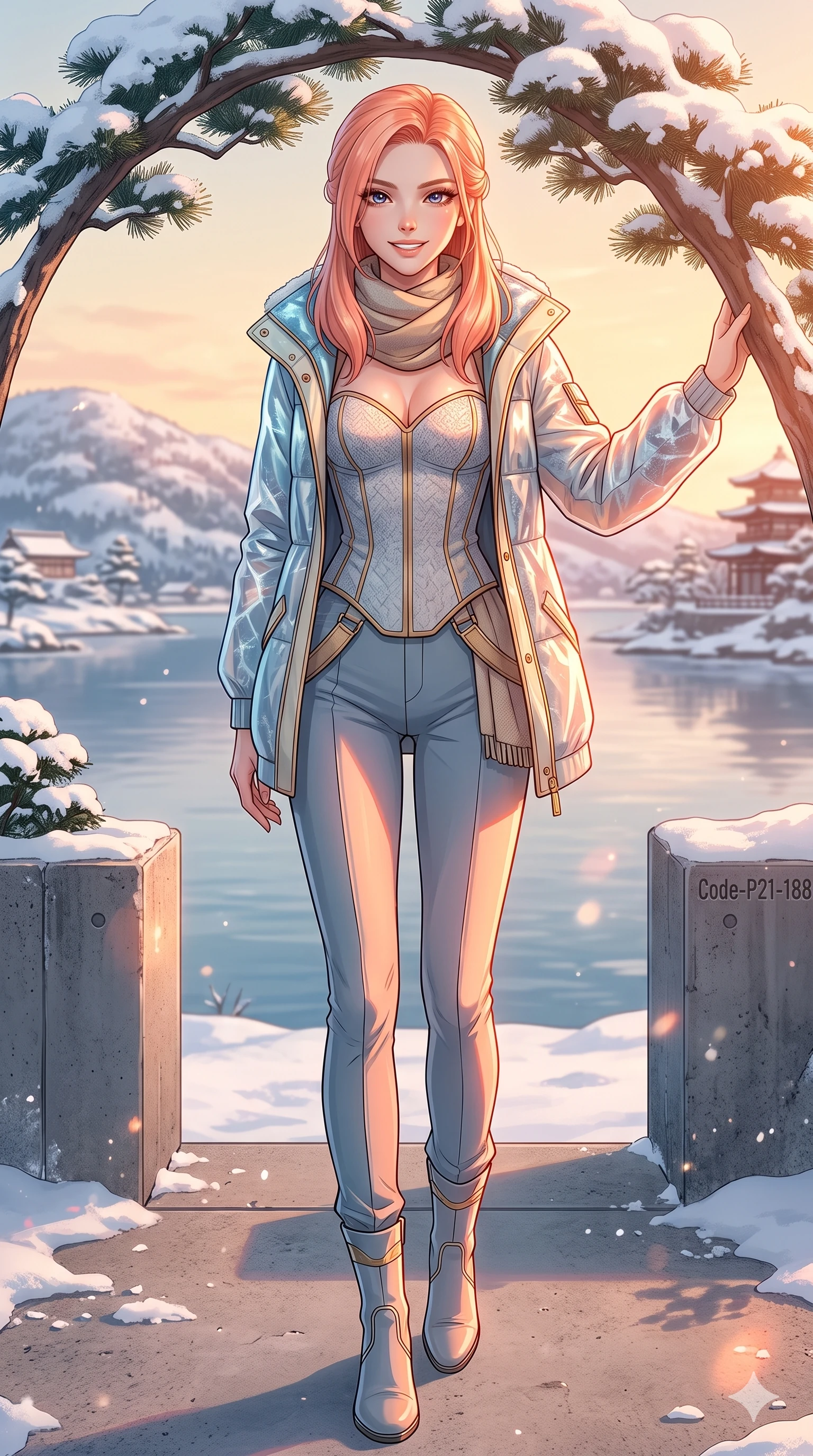 score_9, masterpiece, best quality, ultra-detailed, high-budget anime keyframe, vibrant anime aesthetic, Japanese woman. cowboy shot from the thighs up, character and outfit filling the frame for maximum presence. She is posing with a radiant, confident winter smile, resting one hand on a snow pine arch on a concrete terrace overlooking a calm snowy bay (Code-P21-188). She has an absolutely perfect 8-heads proportion, an exceptionally tall and slender female figure with impossibly long slender legs and an ultra-slim waist. V-shaped jawline, high-bridge nose, intricate jewel-like eyes with depth, thick eyelashes, glossy lips with a natural sheen. wearing a structured textured bodice with a sweetheart neckline under a translucent gloss-finish jacket in winter. She is drenched in winter golden hour sun rays that cast a warm orange-pink highlight on her fit. 2k, ultra detail, master piece, 9:16 ratio