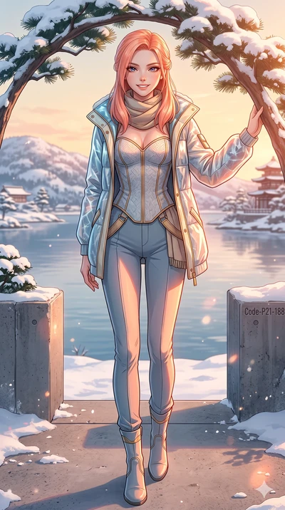 score_9, masterpiece, best quality, ultra-detailed, high-budget anime keyframe, vibrant anime aesthetic, Japanese woman. cowboy shot from the thighs up, character and outfit filling the frame for maximum presence. She is posing with a radiant, confid