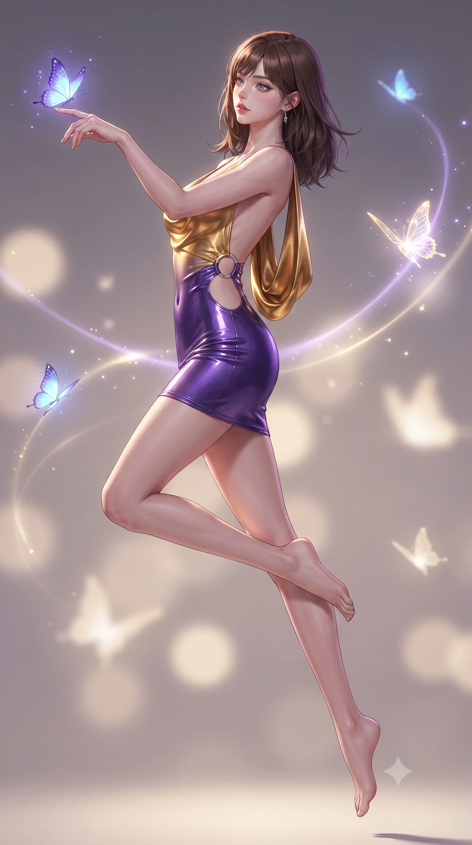 score_9, masterpiece, best quality, ultra-detailed, high-budget anime keyframe, editorial fashion photography, tasteful artistic composition, Korean woman. low angle full-body shot from head to toe showing her feet, filling the entire 9:16 vertical frame with her statuesque presence, stretching her vertical silhouette. leaping through mid-air with an athletic yet alluring arch of her spine, her impossibly long slender legs stretched in flawless poise while reaching one arm out to let a bioluminescent digital butterfly land on her finger with a captivating gaze. The composition keeps background elements in soft focus with creamy bokeh. glowing butterfly flight paths creating soft luminous light trails across the backdrop. She has an absolutely perfect, statuesque 8.5-heads proportion, an exceptionally tall and slender model-like female figure with impossibly long slender legs and an ultra-slim waist. sharp v-shaped jawline, high-bridge nose, intricate jewel-like eyes with depth, thick eyelashes, glossy lips with a natural sheen, flawlessly proportioned anatomical accuracy, natural body alignment, perfectly sculpted elegant limbs, clean dynamic posture without body distortion. wearing a precision-fitted liquid jersey bodycon dress with a dramatic draped cowl back that swoops down to her waist in lustrous molten gold and pure deep violet, formed from high-gloss patent material with specular light reflections, detailed with polished silver rings connecting the daring side-waist cutouts, the sleek aerodynamic cut emphasizing her magnetic presence and alluring physical grace. bathed in brilliant purple starlight and brilliant blue and gold light from the butterflies. ultra-reflective glossy finish, specular highlights, metallic sheen, high-contrast stereoscopic depth, volumetric dynamic lighting, 2k, ultra detail, master piece, 9:16 ratio