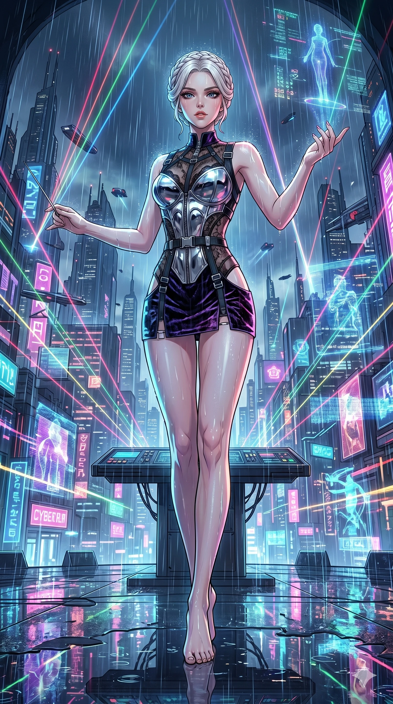 score_9, masterpiece, best quality, ultra-detailed, High-budget Anime Keyframe, vibrant colors, fluid line-art, expressive lighting, cinematic composition, Ufotable-style visual effects, top-tier animation quality, Caucasian woman with pale skin, blonde hair, and (strictly human ears). Cinematic low angle perspective showcasing her towering height and perfect 8-heads proportion. Orchestrating a complex symphony of laser lights and holographic projections in a grand futuristic concert hall. She has an absolutely perfect 8-heads proportion, an exceptionally tall and slender female figure with impossibly long slender legs and an ultra-slim waist, her statuesque height and towering silhouette dominating the vertical 9:16 frame. Her face is a masterpiece featuring a sharp v-shaped jawline, high-bridge nose, intricate jewel-like eyes with depth, thick eyelashes, and glossy lips with a natural sheen. She is wearing a Chrome-plated corset over a sheer lace base with tactical straps and metallic buckles crafted from Crushed dark velvet with a deep, rich texture that absorbs light and glows at the edges, featuring strategic side cut-outs that emphasize her ultra-slim waist and hips. The scene is set in a sprawling cyberpunk metropolis in heavy rain with vibrant neon glows reflecting on every surface, illuminated by soft bioluminescent glow from the environment casting ethereal colors on her skin. 2k, ultra detail, master piece, 9:16 ratio