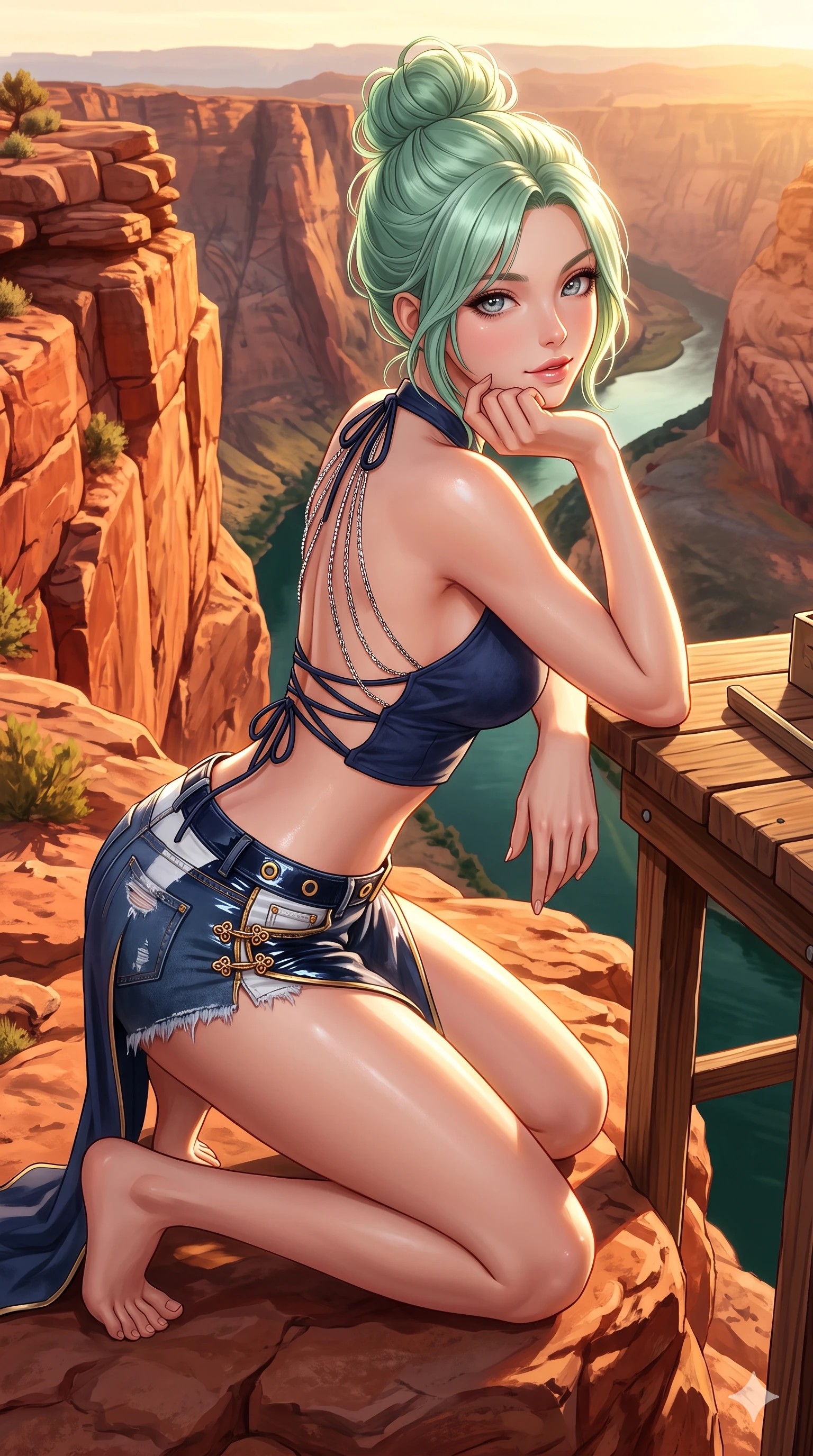 score_9, masterpiece, best quality, ultra-detailed, high-budget anime keyframe, semi-realistic 3D game render, editorial fashion photography, tasteful artistic composition, Japanese woman. close-up cowboy shot from the waist and thighs up, the character dominates the composition, filling the frame with her large presence. resting one elbow on the workbench and supporting her chin, leaning close to the camera with heavy-lidded sparkling eyes and parted lips while kneeling gracefully on the warm red sandstone outcrop, one hand resting on the stone while gazing down into the emerald canyon waters with alluring bedroom-eyes. The surrounding environment is rendered in vivid detail and crisp panoramic clarity: detailed high-slit wrap cheongsam tailoring, jeweled clasp closures, and monumental canyon precipice in razor-sharp clarity. She has an exceptionally elegant, slender, and willowy female figure with an ultra-slim waist, flat toned midriff, narrow ribcage, and sculpted feminine hips creating an alluring, slim hourglass silhouette without bulk. sharp v-shaped jawline, high-bridge nose, sparkling eyes with hypnotic seductive depth, thick curled eyelashes, glossy parted lips with a natural dewy peach sheen, alluring bedroom-eyes with an enchanting coquettish smile, exuding magnetic siren charisma and sophisticated glamour, flawlessly proportioned anatomical accuracy, strict slender model proportions, natural body alignment, perfectly sculpted long slender limbs, ultra-slim waistline, clean dynamic posture without body distortion. wearing a backless suede halter crop top with criss-cross leather ties paired with ultra-low-rise distressed denim cutoffs in French Riviera navy and optic white with gold grommets, crafted from wet-look high-gloss vinyl fabric with dazzling specular surface reflections, accented with an open-back drape framed by falling strands of delicate chrome chains, the impeccably tailored cut draping gracefully along her slender figure with aristocratic western poise. bathed in the blinding, warm 2200K golden-hour rays of the setting sun casting brilliant specular highlights along her silhouette. highly saturated vibrant anime colors, detailed shading with soft gradients, rich glossy textures, high-contrast stereoscopic depth, volumetric dynamic lighting, master piece, 9:16 ratio