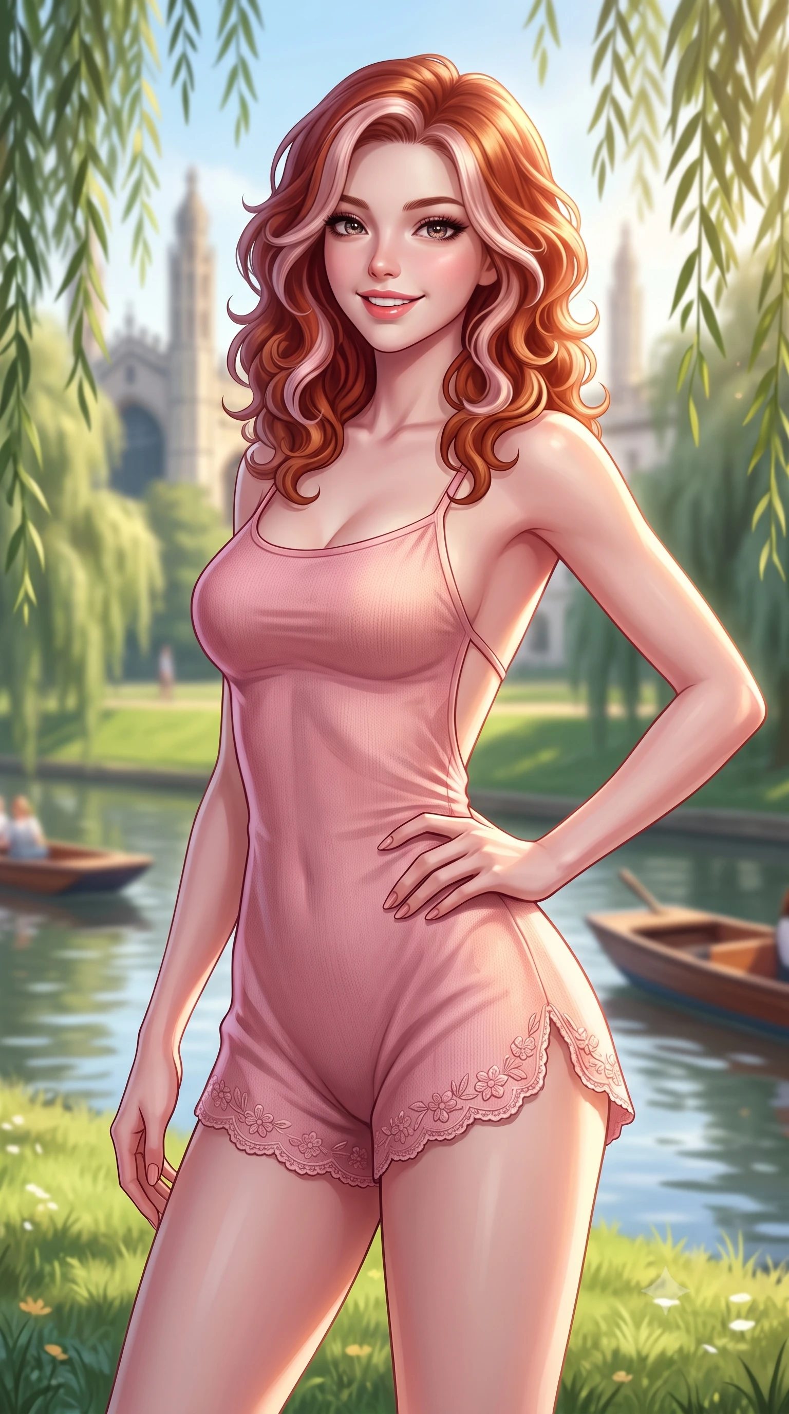 score_9, masterpiece, best quality, ultra-detailed, high-budget anime keyframe, semi-realistic 3D game render, editorial fashion photography, tasteful artistic composition, Caucasian woman. close-up cowboy shot from the waist and thighs up, the character dominates the composition, filling the frame with her large presence. twisting her slender torso in an alluring contrapposto stance, one hand resting on her sculpted hip while flashing a radiant, playful smile with parted glossy lips while standing poised on the sunlit riverbank lawn, twisting her slender torso in an alluring contrapposto stance as wooden punts glide past. The composition keeps background elements in soft focus with dreamy creamy bokeh. weeping willows trailing in reflective river waters and gothic college spires blurred into soft emerald, champagne, and slate bokeh. She has an exceptionally elegant, slender, and willowy female figure with an ultra-slim waist, flat toned midriff, narrow ribcage, and sculpted feminine hips creating an alluring, slim hourglass silhouette without bulk. sharp v-shaped jawline, high-bridge nose, intricate jewel-like sparkling eyes with depth, thick eyelashes, glossy parted lips with a natural peach sheen, bright cheerful beaming smile with an enchanting and coquettish sensual glint, exuding both youthful cute charm and seductive allure, flawlessly proportioned anatomical accuracy, strict slender model proportions, natural body alignment, perfectly sculpted long slender limbs, ultra-slim waistline, clean dynamic posture without body distortion. wearing a second-skin stretch cotton camisole romper with high-cut leg openings and an open back in cherry blossom pink and soft rose gold, crafted from soft cozy cashmere yarn with an airy drape, complemented by delicate embroidered floral trim along the hem, the form-fitting cut adhering flawlessly to her sculpted flat midriff and slender torso, emphasizing her long leg lines and perfectly proportioned willowy build. bathed in gentle, luminous English afternoon sunlight filtering through willow branches. highly saturated vibrant anime colors, detailed shading with soft gradients, rich glossy textures, high-contrast stereoscopic depth, volumetric dynamic lighting, master piece, 9:16 ratio