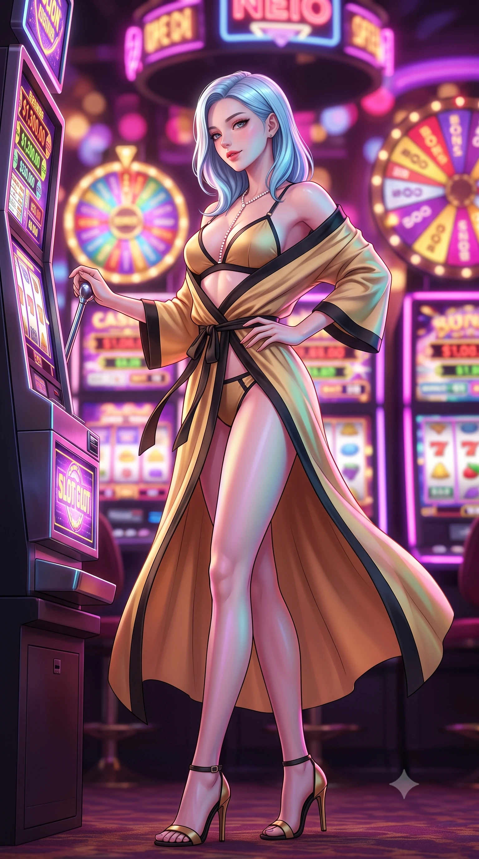 score_9, masterpiece, best quality, ultra-detailed, high-budget anime keyframe, semi-realistic 3D game render, editorial fashion photography, tasteful artistic composition, Korean woman. low angle full-body shot from head to toe showing her feet, filling the entire 9:16 vertical frame with her statuesque presence, stretching her vertical silhouette. executing a slow, graceful pivot turn as her skirt sways around her slender legs, glancing back with an enchanting, teasing sensual expression while leaning against a glowing vertical slot machine screen with hips cocked back, pulling the chrome lever with seductive playful cool. The background shows a soft-focus hundreds of flashing digital slot reels, spinning bonus wheels, and overhead neon signs blurred into electric fuchsia, gold, and violet bokeh. She has an absolutely perfect, statuesque 8.5-heads proportion, an exceptionally tall and slender model-like female figure with impossibly long slender legs, an ultra-slim waist, a flat toned midriff, narrow delicate ribcage, and beautifully sculpted feminine hips creating a graceful, slim hourglass silhouette without any bulky heaviness. sharp v-shaped jawline, high-bridge nose, sparkling eyes with hypnotic seductive depth, thick curled eyelashes, glossy parted lips with a natural dewy peach sheen, alluring bedroom-eyes with an enchanting coquettish smile, exuding magnetic siren charisma and sophisticated glamour, flawlessly proportioned anatomical accuracy, strict slender model proportions, natural body alignment, perfectly sculpted long slender limbs, ultra-slim waistline, clean dynamic posture without body distortion. wearing a delicate sheer lace boudoir robe worn loose and slipping off bare shoulders over a matching strappy bralette and briefs in dual-tone high-contrast gold-and-black monochrome, tailored from fine breathable linen with soft natural texture and elegant drape, finished with a pearl-drop body harness subtly framing her dewy collarbones and spine, the high-slit wrap tailoring accentuating her ultra-slim waistline and the enchanting curve of her feminine hips with alluring seductive charm. bathed in rapid rhythmic multi-color neon pulses spilling from dozens of gaming machines. highly saturated vibrant anime colors, detailed shading with soft gradients, rich glossy textures, high-contrast stereoscopic depth, volumetric dynamic lighting, master piece, 9:16 ratio