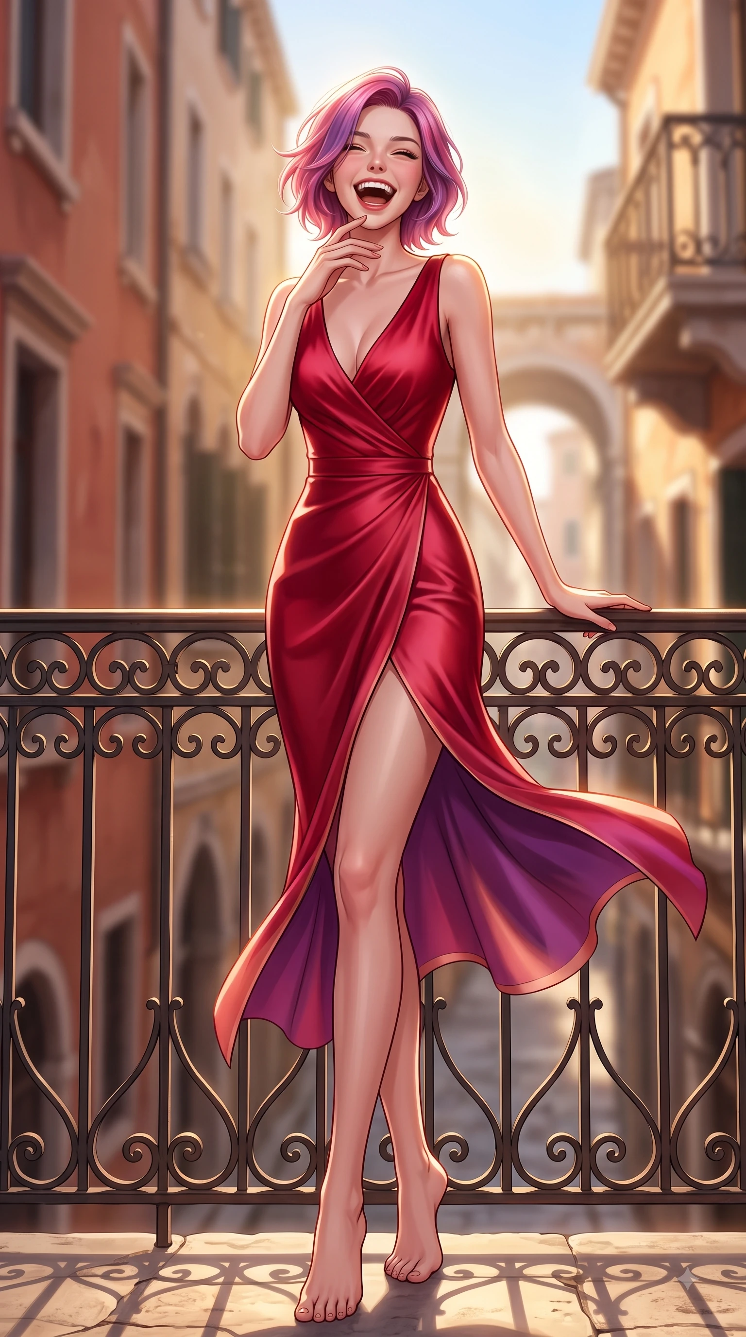 score_9, masterpiece, best quality, ultra-detailed, high-budget anime keyframe, editorial fashion photography, tasteful artistic composition, Caucasian woman. low angle full-body shot from head to toe showing her feet, filling the entire 9:16 vertical frame with her statuesque presence, stretching her vertical silhouette. Ecstatic joyful laughter with eyes crinkling in pure delight and vibrant energy filling her dynamic posture while pivoting dynamically near a sunlit wrought-iron balcony as a warm afternoon breeze billows her outfit. The composition keeps background elements in soft focus with dreamy bokeh. terracotta building facades and distant archways blurred into creamy golden background bokeh. She has an absolutely perfect, statuesque 8.5-heads proportion, an exceptionally tall and slender model-like female figure with impossibly long slender legs and an ultra-slim waist. sharp v-shaped jawline, high-bridge nose, intricate jewel-like eyes with depth, thick eyelashes, glossy lips with a natural sheen, flawlessly proportioned anatomical accuracy, natural body alignment, perfectly sculpted elegant limbs, clean dynamic posture without body distortion. wearing a sleek ruby red wrap midi dress featuring a tasteful side leg slit in deep amethyst purple and rose gold, crafted from smooth liquid silk satin, finished with a sleek side slit ascending to mid-thigh, the form-contouring material accentuating her ultra-slim waist and long lines. surrounded by a sophisticated, cinematic, and timeless European editorial aura. highly saturated vibrant anime colors, detailed shading with soft gradients, rich glossy textures, high-contrast stereoscopic depth, volumetric dynamic lighting, master piece, 9:16 ratio