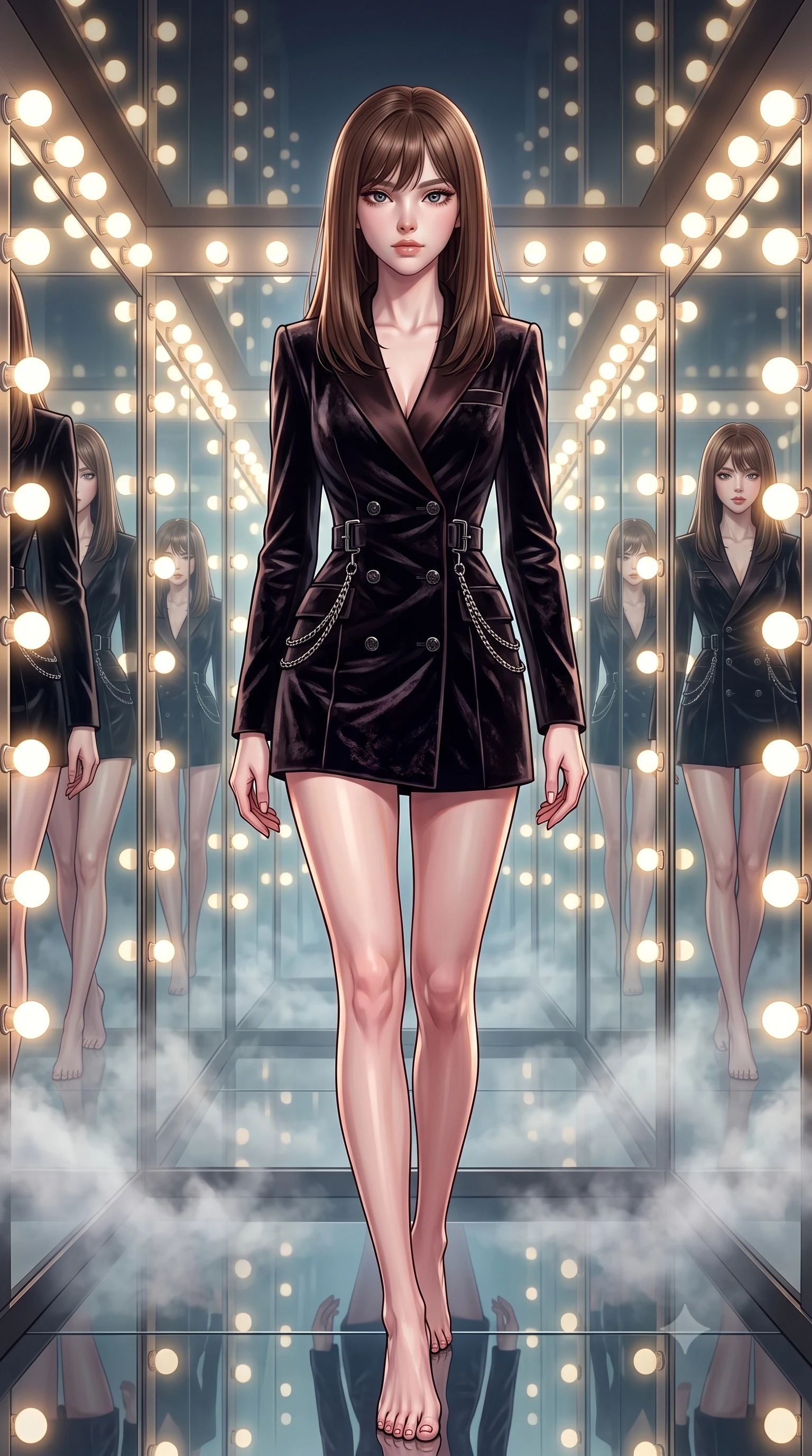 score_9, masterpiece, best quality, ultra-detailed, high-budget anime keyframe, editorial fashion photography, tasteful artistic composition, Korean woman. low angle full-body shot from head to toe showing her feet, filling the entire 9:16 vertical frame with her statuesque presence, stretching her vertical silhouette. forging confidently through the floating mist, holding a poised statuesque stance, standing inside an infinity mirror dressing room lined with bright daylight vanity lights, magnetic runway model aura with supreme visual command. She has an absolutely perfect, statuesque 8.5-heads proportion, an exceptionally tall and slender model-like female figure with impossibly long slender legs and an ultra-slim waist. sharp v-shaped jawline, high-bridge nose, intricate jewel-like eyes with depth, thick eyelashes, glossy lips with a natural sheen. wearing tailored double-breasted obsidian blazer dress with silk lapels in dark mahogany, made of crushed dark silk velvet, framed by dark titanium buckles and silver chain details, the fitted fabric emphasizing her ultra-slim waist. illuminated by bright daylight vanity bulbs and multi-directional studio key rays. highly saturated vibrant anime colors, detailed shading with soft gradients, rich glossy textures, high-contrast stereoscopic depth, volumetric dynamic lighting, master piece, 9:16 ratio