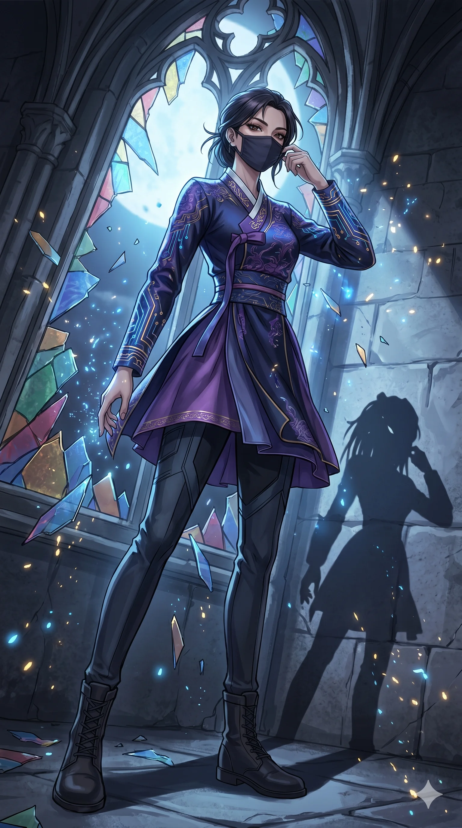 score_9, masterpiece, best quality, ultra-detailed, Set A: High-budget Anime Keyframe, Korean woman. Low angle cowboy shot filling the entire 9:16 frame with her statuesque presence. Adjusting a mask through a shattered glass cathedral, while her shadow mimics the movements of a predator 225 and surrounded by glowing energy sparks. She has an absolutely perfect 8-heads proportion, an exceptionally tall and slender female figure with impossibly long slender legs and an ultra-slim waist. Sharp v-shaped jawline, high-bridge nose, intricate jewel-like eyes with depth, thick eyelashes, glossy lips with a natural sheen. Wearing Traditional silk robe with a modern tech-twist, featuring glowing circuit patterns. Cinematic lighting, vibrant colors, dramatic shadows, 2k, ultra detail, master piece, 9:16 ratio