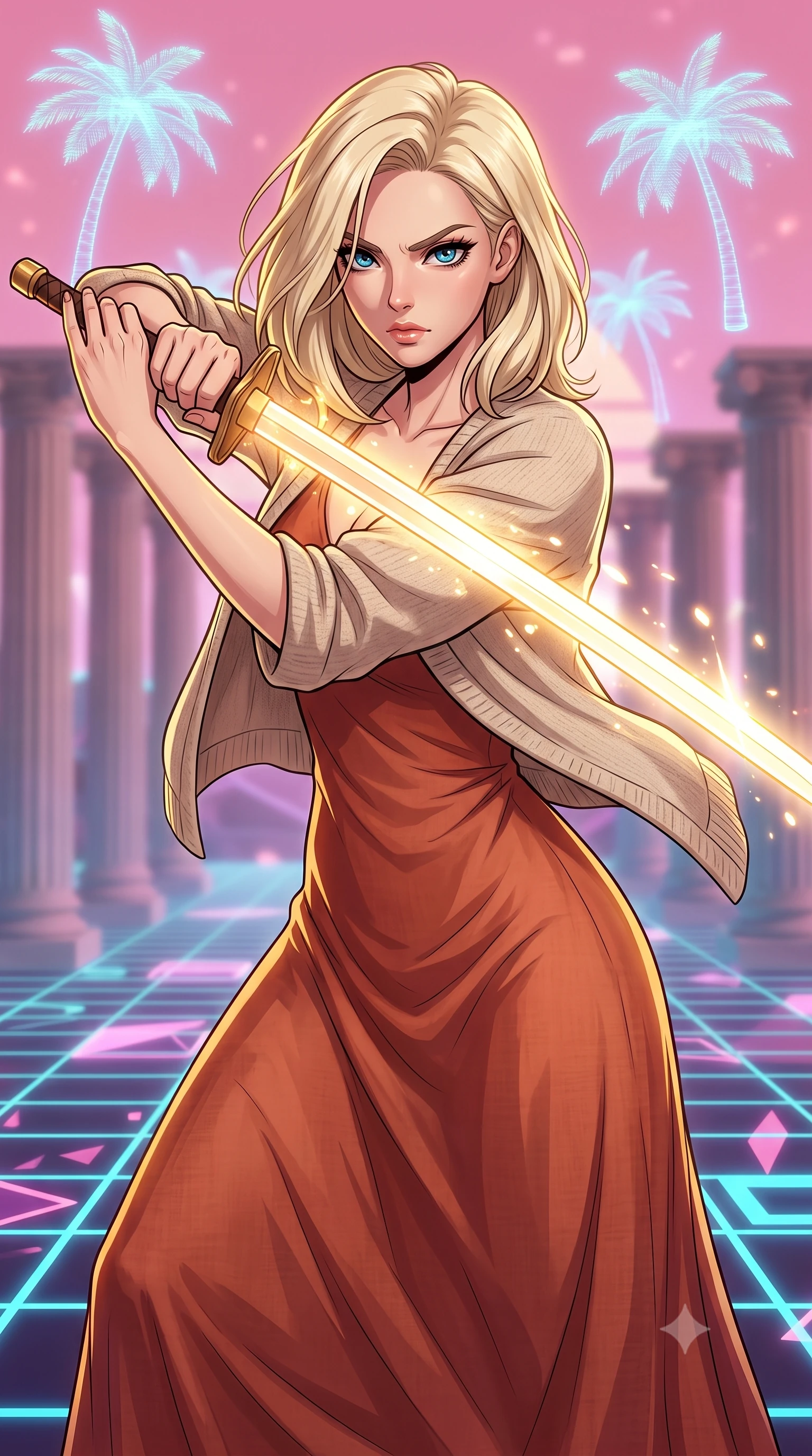 score_9, masterpiece, best quality, ultra-detailed, high-budget anime keyframe, clean line-art, cel-shading, Caucasian woman, strictly human ears. close-up cowboy shot from the waist and thighs up, the character dominates the composition, filling the frame with her large presence, background elements kept in soft focus. Drawing a glowing sword with fierce determination and a sharp sidelong glare. set against a soft-focus background of a temple with classical columns, a neon grid floor, and holographic palm trees floating in a pink sky. She has an exceptionally elegant and slender, willowy female figure with an ultra-slim waist, a gracefully sculpted slender torso, and a refined slim physique. sharp v-shaped jawline, high-bridge nose, intricate jewel-like eyes with depth, thick eyelashes, glossy lips with a natural sheen. wearing catching and diffusing the glowing particles, shimmering softly in response to the surrounding light, a form-contouring flowing terracotta-colored linen maxi dress with a relaxed fit, layered with a light beige knitted shawl. dramatic chiaroscuro with a single golden key light sculpting her silhouette. highly saturated vibrant anime colors, intense vivid color palette, volumetric dynamic lighting, 2k, ultra detail, master piece, 9:16 ratio