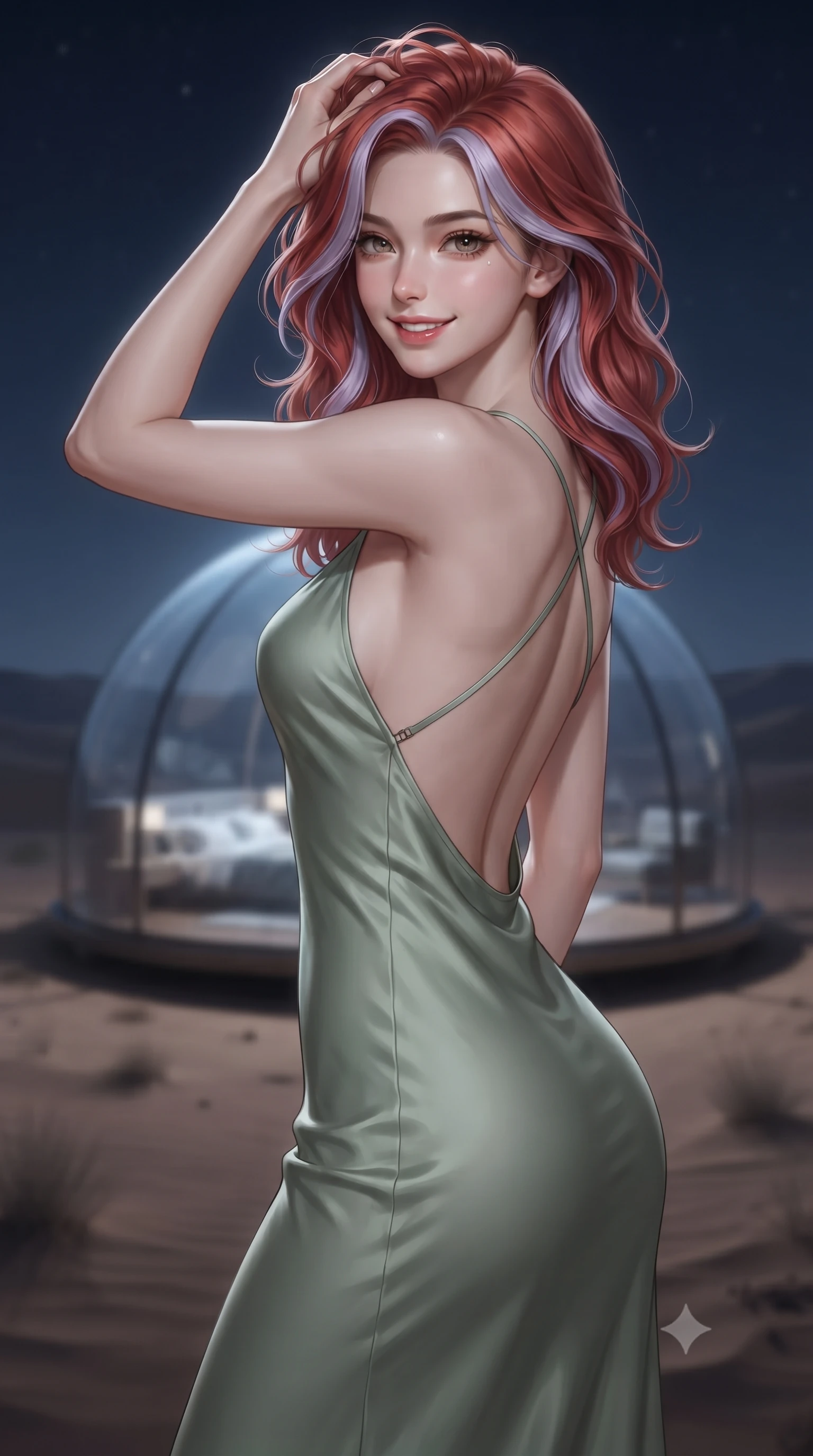 score_9, masterpiece, best quality, ultra-detailed, high-budget anime keyframe, editorial fashion photography, tasteful artistic composition, Caucasian woman. close-up cowboy shot from the waist and thighs up, the character dominates the composition, filling the frame with her large presence, background elements kept in soft focus. smiling with quiet, magnetic self-assurance directly into the camera, running a hand through her hair the background shows a soft-focus a private glass dome bedroom built in the middle of a vast sand desert at night. She has an exceptionally elegant, slender, and willowy female figure with an ultra-slim waist, a gracefully sculpted slender torso, and a refined silhouette. sharp v-shaped jawline, high-bridge nose, intricate jewel-like eyes with depth, thick eyelashes, glossy lips with a natural sheen. wearing a body-hugging lightweight silk sundress in sage green with a dramatic open-back and thin criss-cross straps. soft silver moonlight wrapping her silhouette in a cool cosmic glow. ultra-reflective glossy finish, specular highlights, metallic sheen, high-contrast stereoscopic depth, volumetric dynamic lighting, 2k, ultra detail, master piece, 9:16 ratio