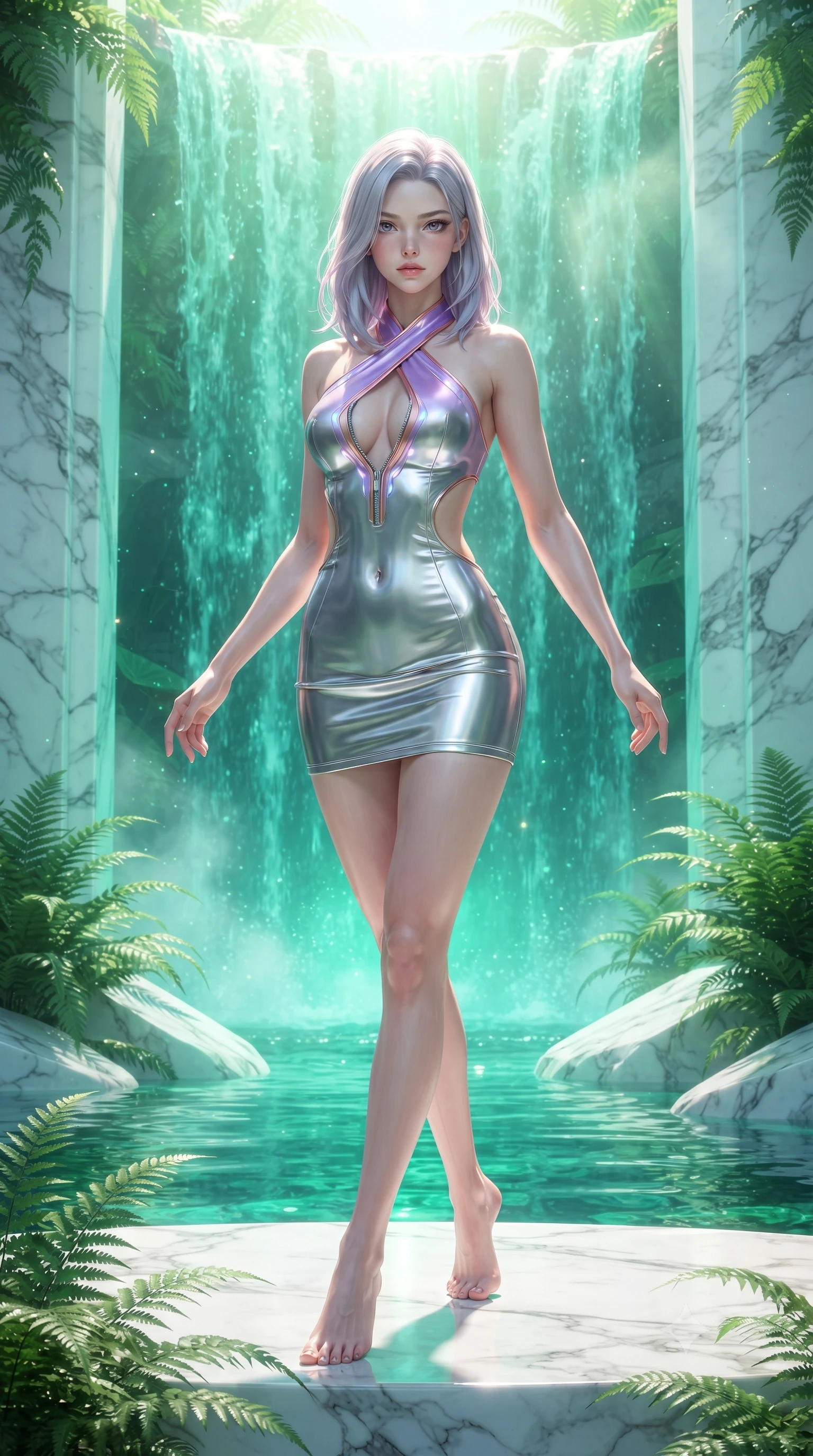 score_9, masterpiece, best quality, ultra-detailed, high-budget anime keyframe, editorial fashion photography, tasteful artistic composition, Caucasian woman. low angle full-body shot from head to toe showing her feet, filling the entire 9:16 vertical frame with her statuesque presence, stretching her vertical silhouette. pivoting dynamically in mid-motion with a breathtakingly alluring posture, displaying her flawless model proportions and ultra-slim waist while standing beneath a sun-drenched cascading waterfall of pure emerald water on a polished white marble dais. The surrounding environment is rendered in vivid detail and crisp panoramic clarity. intricate white marble stone veins, crystal-clear emerald water pools, and lush tropical ferns in deep focus. She has an absolutely perfect, statuesque 8.5-heads proportion, an exceptionally tall and slender model-like female figure with impossibly long slender legs, a toned flat midriff, and an ultra-slim waist. sharp v-shaped jawline, high-bridge nose, intricate jewel-like eyes with depth, thick eyelashes, glossy lips with a natural sheen, flawlessly proportioned anatomical accuracy, strict slender model proportions, natural body alignment, perfectly sculpted long slender limbs, ultra-slim waistline, clean dynamic posture without body distortion. wearing a molten silver liquid-metal mini dress featuring deep side-waist cutouts and a daring crossover halter neckline in luminous lavender violet and rose gold, formed from high-gloss patent material with specular light reflections, featuring a dangerously unzipped neckline framed by glowing cybernetic accents, the form-contouring material adhering flawlessly to her sculpted flat midriff and slender torso, emphasizing her long leg lines and perfectly proportioned willowy build. bathed in bright morning sunbeams penetrating waterfall mist with radiant green and cyan ambient glow. ultra-reflective glossy finish, specular highlights, metallic sheen, high-contrast stereoscopic depth, volumetric dynamic lighting, 2k, ultra detail, master piece, 9:16 ratio