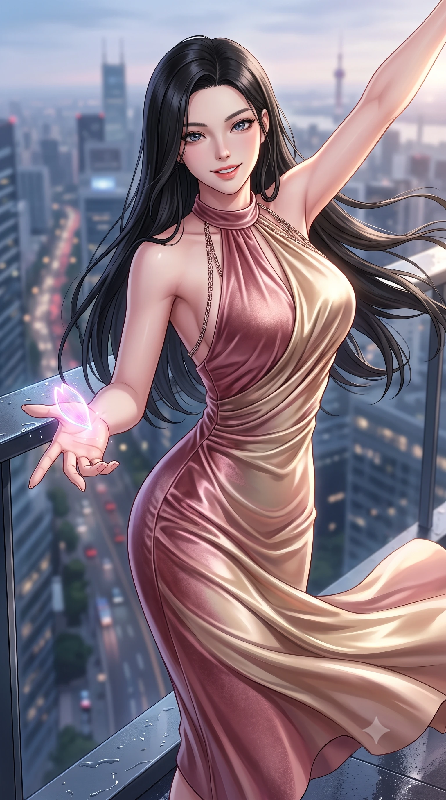 score_9, masterpiece, best quality, ultra-detailed, high-budget anime keyframe, editorial fashion photography, tasteful artistic composition, Korean woman. close-up cowboy shot from the waist and thighs up, the character dominates the composition, filling the frame with her large presence, background elements kept in soft focus. Extending one arm in an elegant stretch toward the light while smiling with magnetic self-assurance while reaching forward with one hand to catch a glowing holographic sakura petal, fluttering lightweight attire catching the high-altitude urban wind. She has an exceptionally elegant, slender, and willowy female figure with an ultra-slim waist, a gracefully sculpted slender torso, and a refined silhouette. sharp v-shaped jawline, high-bridge nose, intricate jewel-like eyes with depth, thick eyelashes, glossy lips with a natural sheen, flawlessly proportioned anatomical accuracy, natural body alignment, perfectly sculpted elegant limbs, clean dynamic posture without body distortion. wearing a velvet halter-neck midi dress following her form like a glove in dusty rose and champagne gold, crafted from lustrous satin jersey with fluid draping, adorned with delicate metallic chain straps along the neckline, the tailored fabric tightly following every curve of her athletic build. illuminated by glowing holographic sakura radiance and wet specular reflections. highly saturated vibrant anime colors, detailed shading with soft gradients, rich glossy textures, high-contrast stereoscopic depth, volumetric dynamic lighting, master piece, 9:16 ratio