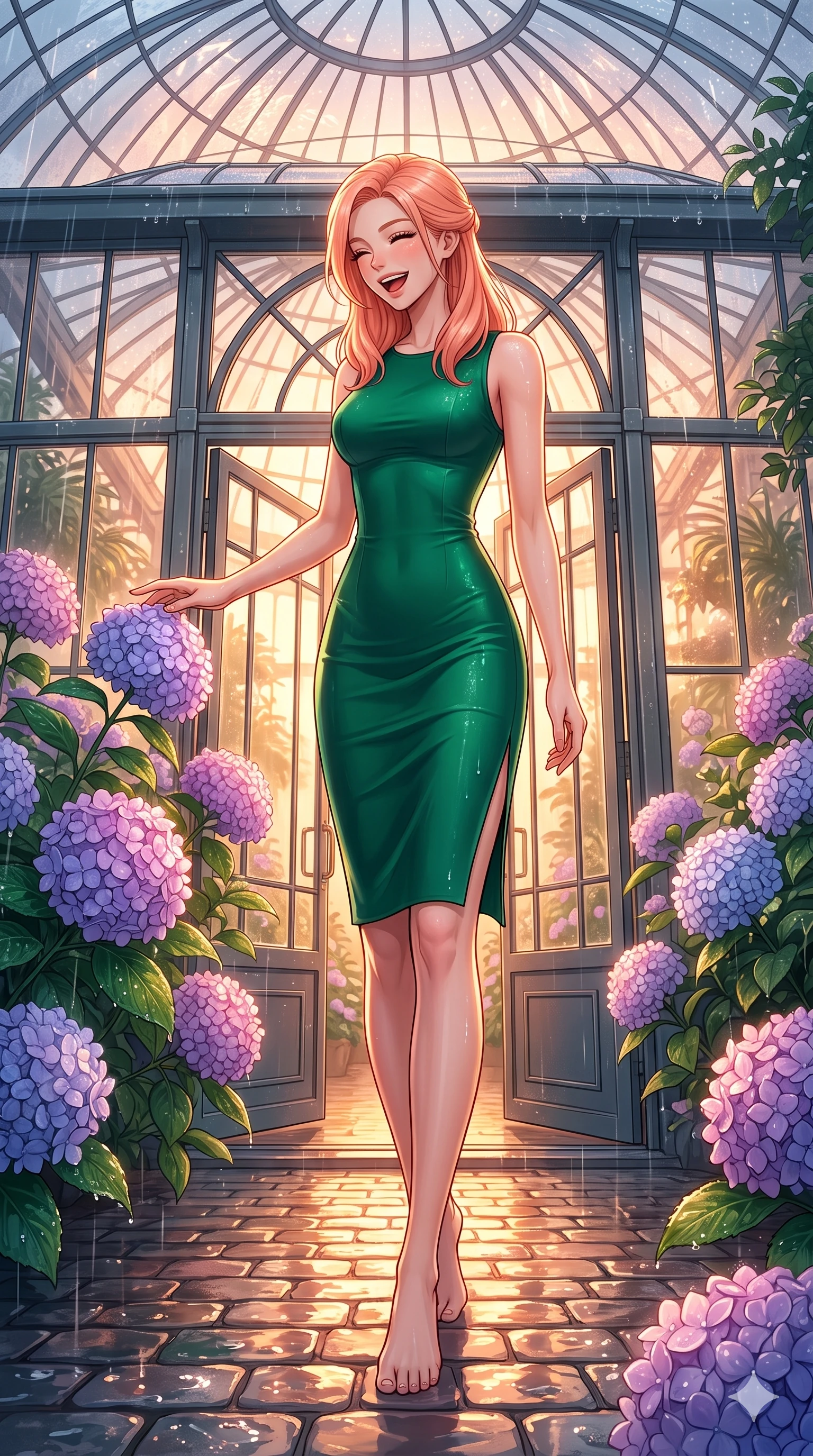 score_9, masterpiece, best quality, ultra-detailed, high-budget anime keyframe, vibrant anime aesthetic, Japanese woman. low angle full-body shot from head to toe showing her feet, filling the entire 9:16 vertical frame with her statuesque presence, stretching her vertical silhouette. She is laughing happily while looking down at a blooming rain-drenched flower, her eyes glowing with lively energy under the glass conservatory dome. by a botanical conservatory entrance with large glass double doors, surrounded by rain-drenched hydrangeas (Code-P22-054). She has an absolutely perfect 8-heads proportion, an exceptionally tall and slender female figure with impossibly long slender legs and an ultra-slim waist. V-shaped jawline, high-bridge nose, intricate jewel-like eyes with depth, thick eyelashes, glossy lips with a natural sheen. wearing a sleek bodycon dress featuring refined side vent accents in emerald green. She is bathed in glowing sunset light reflecting off wet cobblestones, creating a warm, inviting, and atmospheric glow in the cozy indoor garden. 2k, ultra detail, master piece, 9:16 ratio