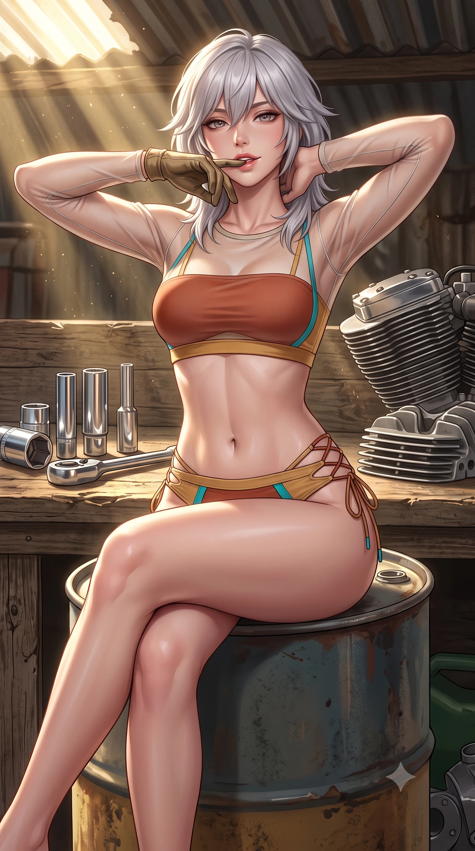 score_9, masterpiece, best quality, ultra-detailed, high-budget anime keyframe, semi-realistic 3D game render, editorial fashion photography, tasteful artistic composition, Japanese woman. close-up cowboy shot from the waist and thighs up, the character dominates the composition, filling the frame with her large presence. resting both hands lightly behind her neck with elbows raised, arching her spine to highlight her narrow waist, flat midriff, and breathtaking collarbones while perched sideways on an oil drum with legs crossed, resting a greasy gloved finger near her glossy parted lips with playful allure. The surrounding environment is rendered in vivid detail and crisp panoramic clarity: sharp polished chrome socket wrench heads, engine cylinder head fins, and weathered workbench wood grain in deep focus. She has an exceptionally elegant, slender, and willowy female figure with an ultra-slim waist, flat toned midriff, narrow ribcage, and sculpted feminine hips creating an alluring, slim hourglass silhouette without bulk. sharp v-shaped jawline, high-bridge nose, sparkling eyes with hypnotic seductive depth, thick curled eyelashes, glossy parted lips with a natural dewy peach sheen, alluring bedroom-eyes with an enchanting coquettish smile, exuding magnetic siren charisma and sophisticated glamour, flawlessly proportioned anatomical accuracy, strict slender model proportions, natural body alignment, perfectly sculpted long slender limbs, ultra-slim waistline, clean dynamic posture without body distortion. wearing a sheer gossamer mesh long-sleeve rashguard crop top layered over an opaque strappy bandeau and low-waisted briefs in terracotta rust and desert sand gold with turquoise accents, crafted from smooth liquid-tight stretch jersey emphasizing every curve of her body, featuring fine criss-cross lace-up side ties revealing tantalizing glimpses of her hip curve, the form-contouring silhouette accentuating her sculpted flat midriff, narrow delicate ribcage, and gracefully curvy hips with intoxicating allure. bathed in dramatic shafts of golden afternoon sunlight cutting through corrugated roof cracks. highly saturated vibrant anime colors, detailed shading with soft gradients, rich glossy textures, high-contrast stereoscopic depth, volumetric dynamic lighting, master piece, 9:16 ratio