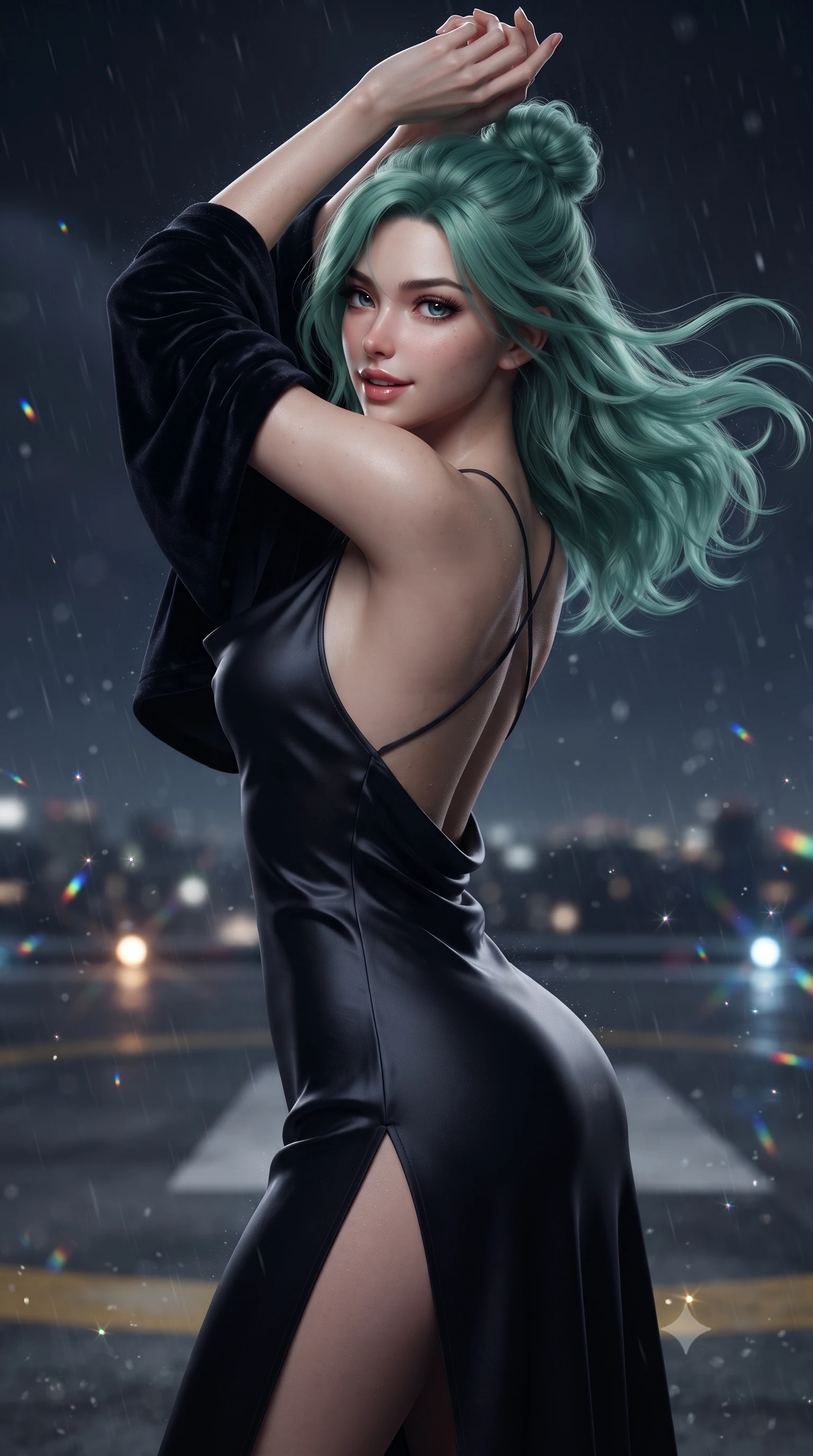 score_9, masterpiece, best quality, ultra-detailed, high-budget anime keyframe, editorial fashion photography, tasteful artistic composition, Japanese woman. close-up cowboy shot from the waist and thighs up, the character dominates the composition, filling the frame with her large presence. turning over a bare shoulder with an intoxicating, teasing smile, her soft hair framing her sharp jawline as her hips angle gracefully while stretching her slender arms overhead as midnight wind whips her hair back, her perfectly proportioned tall 8.5-heads silhouette commanding the vertical frame. The composition keeps background elements in soft focus with creamy bokeh. drifting rain mist particles and helipad perimeter LED lights scattering sparkling chromatic light motes. She has an exceptionally elegant, slender, and willowy female figure with an ultra-slim waist, flat toned midriff, narrow ribcage, and sculpted feminine hips creating an alluring, slim hourglass silhouette without bulk. sharp v-shaped jawline, high-bridge nose, intricate jewel-like eyes with depth, thick eyelashes, glossy parted lips with a natural sheen, intensely captivating and seductive bedroom-eyes expression, flawlessly proportioned anatomical accuracy, strict slender model proportions, natural body alignment, perfectly sculpted long slender limbs, ultra-slim waistline, clean dynamic posture without body distortion. wearing a backless cowl-neck satin slip dress featuring high-cut side hip slits and delicate criss-cross back straps in midnight obsidian black and liquid gold, crafted from heavyweight crushed silk velvet with liquid vintage luster, complemented by a plush velvet shawl draped loosely over her elbows, the second-skin form-contouring cut accentuating her sculpted flat midriff, narrow delicate ribcage, and gracefully curvy hips with supermodel precision. illuminated by crisp directional wind-edge highlights sculpting her bare collarbones, slender waist, and curvy hips. ultra-reflective glossy finish, specular highlights, rich textural contrasts, high-contrast stereoscopic depth, volumetric dynamic lighting, 2k, ultra detail, master piece, 9:16 ratio
