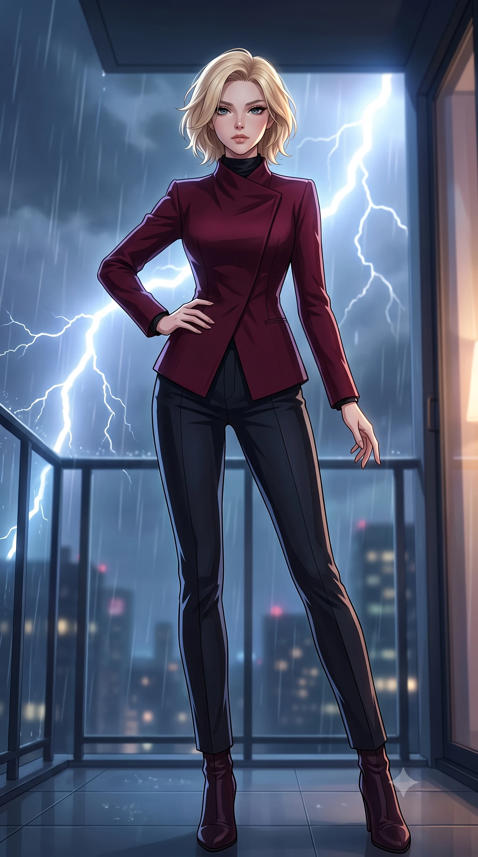score_9, masterpiece, best quality, ultra-detailed, high-budget anime keyframe, tasteful artistic composition, Caucasian woman. low angle full-body shot from head to toe showing her feet, filling the entire 9:16 vertical frame with her statuesque presence, stretching her vertical silhouette. posing confidently with one hand on her hip, stretching her statuesque body to emphasize her curves the background shows a soft-focus a private balcony of a high-tech apartment during a heavy thunderstorm. She has an absolutely perfect, statuesque 8.5-heads proportion, an exceptionally tall and slender model-like female figure with impossibly long slender legs and an ultra-slim waist. sharp v-shaped jawline, high-bridge nose, intricate jewel-like eyes with depth, thick eyelashes, glossy lips with a natural sheen. wearing a slim-fit tailored asymmetric jacket in deep burgundy wool with a high wrap collar, over a black silk mock-neck blouse. bright flashes of lightning casting momentary high-contrast chiaroscuro shadows. highly saturated vibrant anime colors, cel-shading, 2d style, master piece, 9:16 ratio