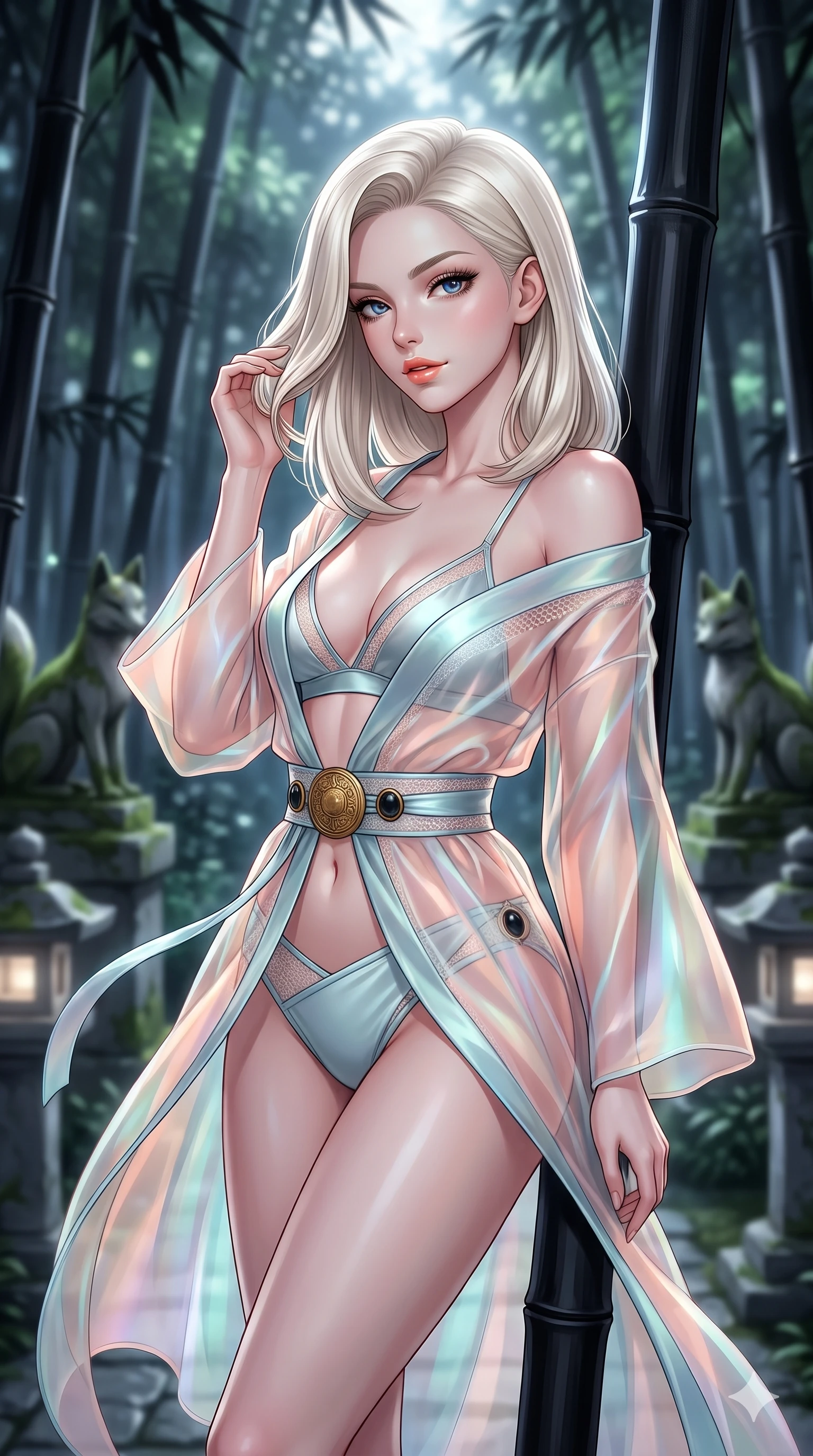 score_9, masterpiece, best quality, ultra-detailed, high-budget anime keyframe, semi-realistic 3D game render, editorial fashion photography, tasteful artistic composition, Caucasian woman. close-up cowboy shot from the waist and thighs up, the character dominates the composition, filling the frame with her large presence. gently brushing a lock of silk hair behind her ear while casting a playful, flirtatious side-gaze with long eyelashes while leaning against a black bamboo stalk with hips cocked back, night breezes fluttering her silk garments open around her curves. The background shows a soft-focus towering black bamboo stalks, moss-covered kitsune fox statues, and stone pathway lanterns blurred into jade, silver, and slate bokeh. She has an exceptionally elegant, slender, and willowy female figure with an ultra-slim waist, flat toned midriff, narrow ribcage, and sculpted feminine hips creating an alluring, slim hourglass silhouette without bulk. sharp v-shaped jawline, high-bridge nose, sparkling eyes with hypnotic seductive depth, thick curled eyelashes, glossy parted lips with a natural dewy peach sheen, alluring bedroom-eyes with an enchanting coquettish smile, exuding magnetic siren charisma and sophisticated glamour, flawlessly proportioned anatomical accuracy, strict slender model proportions, natural body alignment, perfectly sculpted long slender limbs, ultra-slim waistline, clean dynamic posture without body distortion. wearing a translucent iridescent organza durumagi robe slipping off bare shoulders over a matching satin micro-bralette and wrap briefs in pastel peach blossom and celadon porcelain blue, made of delicate semi-sheer nanotech mesh with airy hexagonal open-weaves, accented with an authentic engraved gold medallion and obsidian cabochons, the glove-like clinging cut tightly following the natural contour of her hips and long slender legs with youthful 8.5-heads elegance. bathed in crisp silver moonlight filtering down through dense bamboo canopies creating intricate linear shadows. highly saturated vibrant anime colors, detailed shading with soft gradients, rich glossy textures, high-contrast stereoscopic depth, volumetric dynamic lighting, master piece, 9:16 ratio