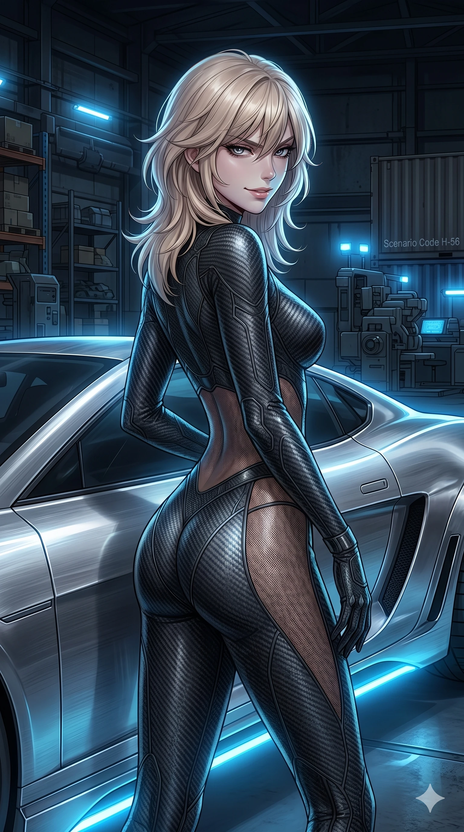 score_9, masterpiece, best quality, ultra-detailed, high-budget anime keyframe, editorial fashion photography, tasteful artistic composition, Japanese woman. cowboy shot from the thighs up, character and outfit filling the frame for maximum editorial presence. glancing sidelong over her shoulder with a sharp, venomous smirk, her posture radiating calculating malice leaning against a sleek chrome hover-vehicle parked in a dark warehouse (Scenario Code H-56). She has an absolutely perfect 8-heads proportion, an exceptionally tall and slender female figure with impossibly long slender legs and an ultra-slim waist. V-shaped jawline, high-bridge nose, intricate jewel-like eyes with depth, thick eyelashes, glossy lips with a natural sheen. wearing a glove-like carbon-fiber texture combat suit with translucent mesh panels along her waist and hips. lit by a cool blue bioluminescent glow from below, highlighting her jawline and shoulders. 2k, ultra detail, master piece, 9:16 ratio