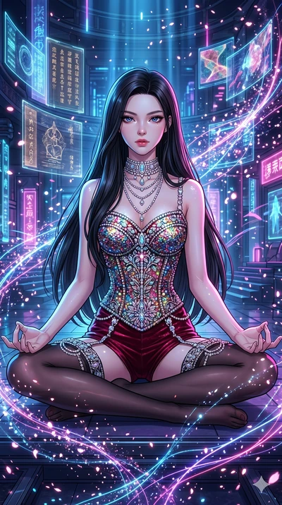 score_9, masterpiece, best quality, ultra-detailed, high-budget anime movie keyframe, cinematic anime lighting, intricate line art, Korean woman. Medium shot of upper body capturing the intricate details of her high-fashion attire. meditating peacefu