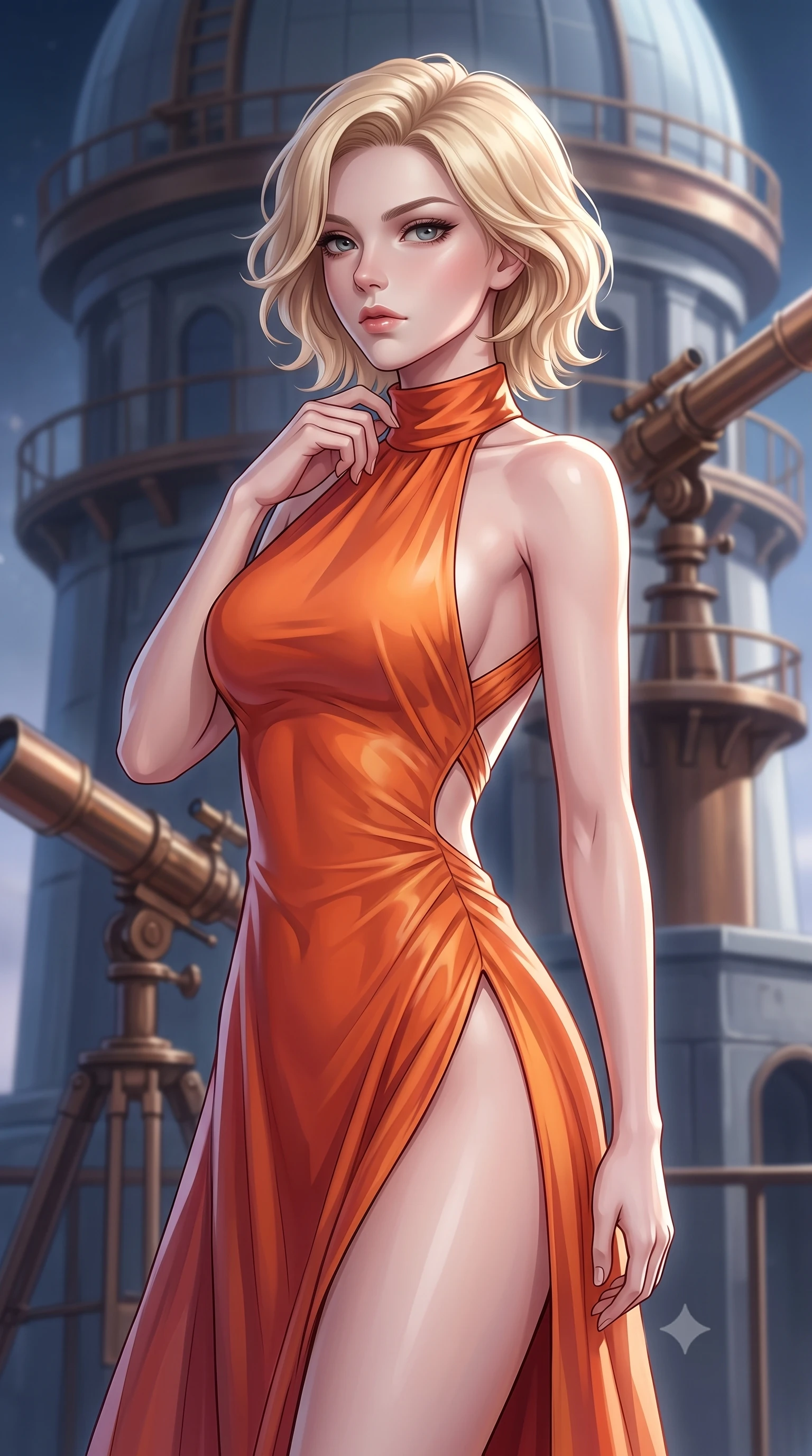 score_9, masterpiece, best quality, ultra-detailed, high-budget anime keyframe, editorial fashion photography, tasteful artistic composition, Caucasian woman. close-up cowboy shot from the waist and thighs up, the character dominates the composition, filling the frame with her large presence, background elements kept in soft focus. adjusting the high collar of her body-hugging suit, looking past the camera with quiet, sharp focus and a composed expression, the background shows a soft-focus an observatory tower with bronze telescopes mapping cosmic flares. She has an exceptionally elegant, slender, and willowy female figure with an ultra-slim waist, a gracefully sculpted slender torso, and a refined silhouette. sharp v-shaped jawline, high-bridge nose, intricate jewel-like eyes with depth, thick eyelashes, glossy lips with a natural sheen. wearing a form-contouring high-slit space combat gown in sunset orange chiffon, featuring a daring thigh-slit and an open-back design. cool silver starlight wrapping her statuesque posture in a solemn mood. highly saturated vibrant anime colors, detailed shading with soft gradients, rich glossy textures, high-contrast stereoscopic depth, volumetric dynamic lighting, master piece, 9:16 ratio