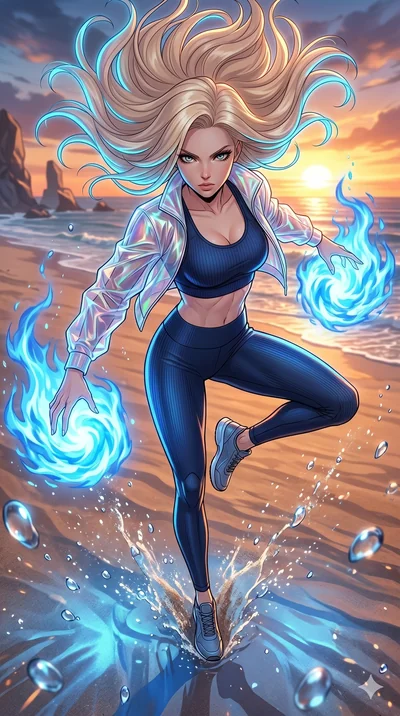 score_9, masterpiece, best quality, ultra-detailed, high-budget anime movie keyframe, cinematic anime lighting, intricate line art, Caucasian (strictly human ears) woman. Extreme high angle shot as she leaps towards the camera, filling the frame. per