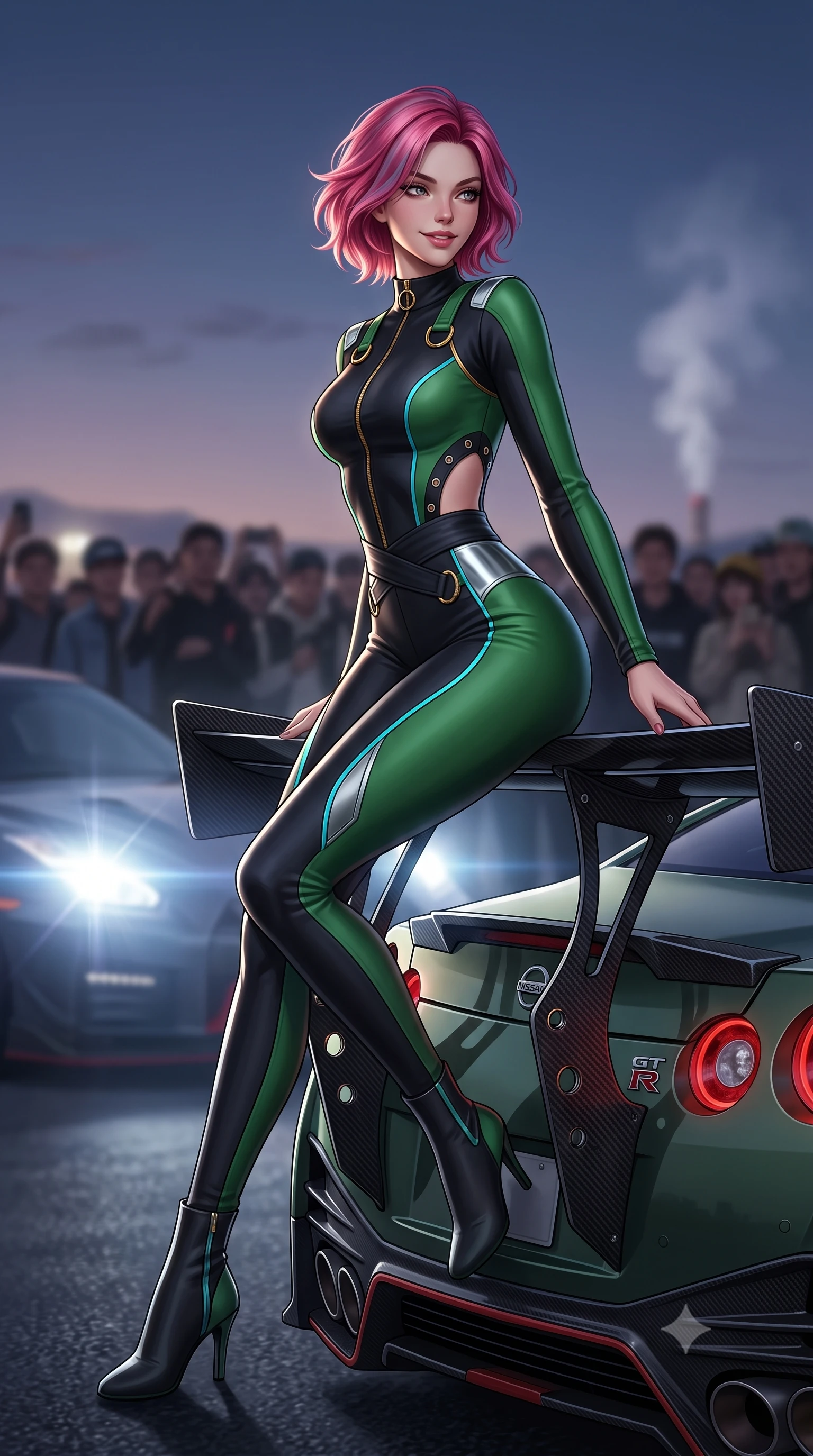 score_9, masterpiece, best quality, ultra-detailed, high-budget anime keyframe, semi-realistic 3D game render, editorial fashion photography, tasteful artistic composition, Caucasian woman. low angle full-body shot from head to toe showing her feet, filling the entire 9:16 vertical frame with her statuesque presence, stretching her vertical silhouette. walking slowly along the clay court baseline, looking back over her shoulder with an air of effortless grace and an alluring, smoldering smile while sitting on the wide carbon rear wing of an exotic Japanese hypercar, arching her lower back with dangerous, smoldering racing queen allure. The background shows a soft-focus steaming exhausts and crowds of car enthusiasts softened in iconic Japanese car-culture shallow focus. She has an absolutely perfect, statuesque 8.5-heads proportion, an exceptionally tall and slender model-like female figure with impossibly long slender legs, an ultra-slim waist, a flat toned midriff, narrow delicate ribcage, and beautifully sculpted feminine hips creating a graceful, slim hourglass silhouette without any bulky heaviness. sharp v-shaped jawline, high-bridge nose, sparkling eyes with athletic focus and depth, thick curled eyelashes, glossy parted lips with a natural coral-peach sheen, bright confident and coquettish smile with alluring bedroom-eyes, exuding both youthful sporty vigor and sovereign high-society glamour, flawlessly proportioned anatomical accuracy, strict slender model proportions, natural body alignment, perfectly sculpted long slender limbs, ultra-slim waistline, clean dynamic posture without body distortion. wearing a high-performance speeder racing suit in matte black and Wimbledon green with gold hardware rings in metallic liquid silver and electric cyan, made of smooth liquid-tight stretch jersey emphasizing every curve of her body, finished with sharp laser-cut side ventilation cutouts framed by chrome rings, the high-waisted wrap tailoring accentuating her ultra-slim waistline and the enchanting curve of her feminine hips with alluring sporty charm. illuminated by high-beam headlight flares and sharp chrome rim lights sculpting her razor-sharp jawline, narrow waist, and curvy hips. highly saturated vibrant anime colors, detailed shading with soft gradients, rich glossy textures, high-contrast stereoscopic depth, volumetric dynamic lighting, master piece, 9:16 ratio