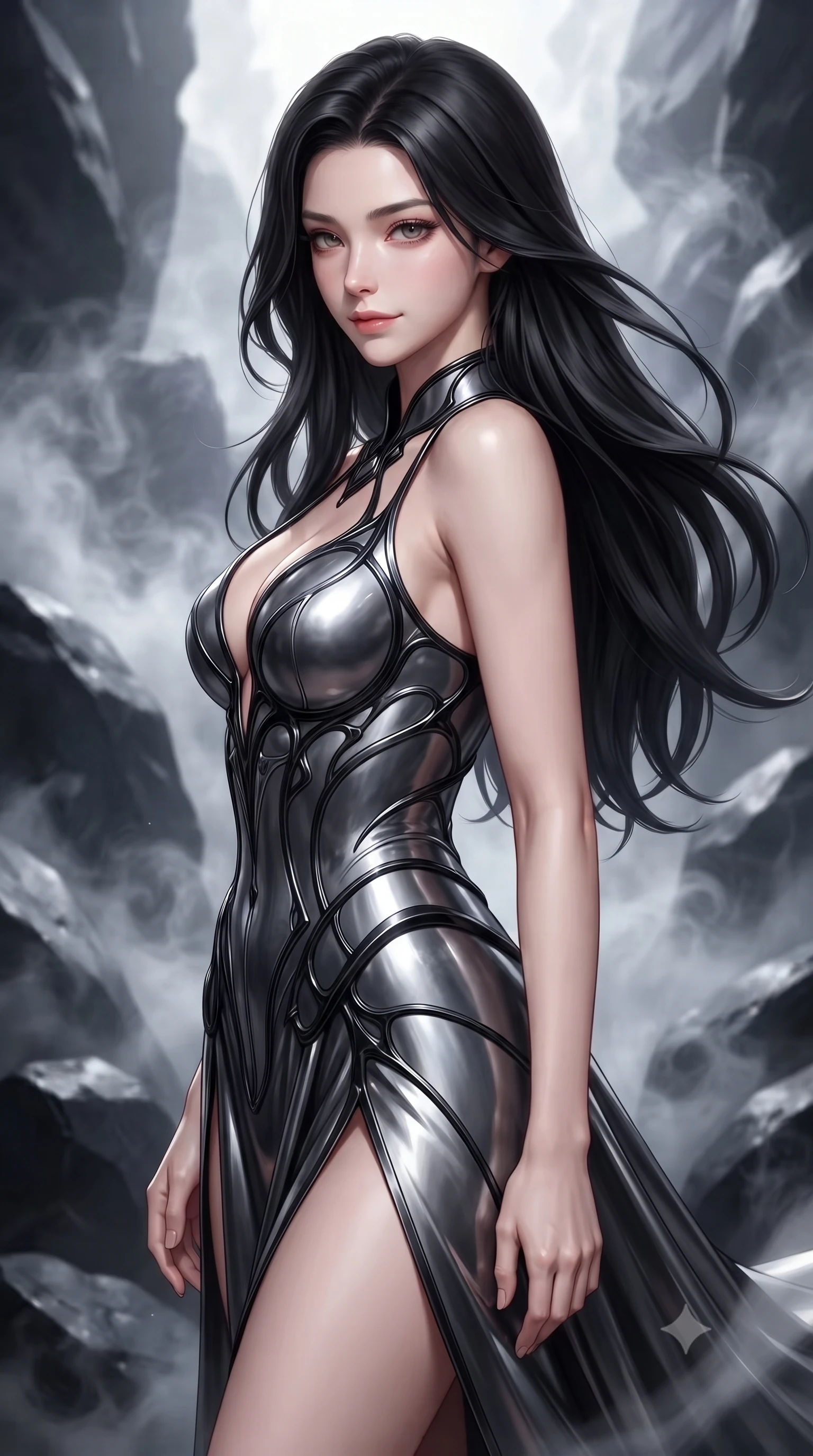 score_9, masterpiece, best quality, ultra-detailed, high-budget anime keyframe, editorial fashion photography, tasteful artistic composition, Korean woman. close-up cowboy shot from the waist and thighs up, the character dominates the composition, filling the frame with her large presence, background elements kept in soft focus. Glancing sidelong over her shoulder with a smoldering, enigmatic half-smile, looking back with a serene, magnetic gaze through swirling thermal mist, smooth black basalt rocks providing sharp black-and-silver background contrast. She has an exceptionally elegant, slender, and willowy female figure with an ultra-slim waist, a gracefully sculpted slender torso, and a refined silhouette. sharp v-shaped jawline, high-bridge nose, intricate jewel-like eyes with depth, thick eyelashes, glossy lips with a natural sheen. wearing low-cut gothic structured bodice gown with high leg slit in metallic dark silver, made of sculpted obsidian metallic chrome, adorned with minimalist black onyx hardware framing the silhouette, contouring every curve with an exceptionally elegant silhouette. bathed in soft thermal steam rays creating ethereal gradient shading. highly saturated vibrant anime colors, detailed shading with soft gradients, rich glossy textures, high-contrast stereoscopic depth, volumetric dynamic lighting, master piece, 9:16 ratio