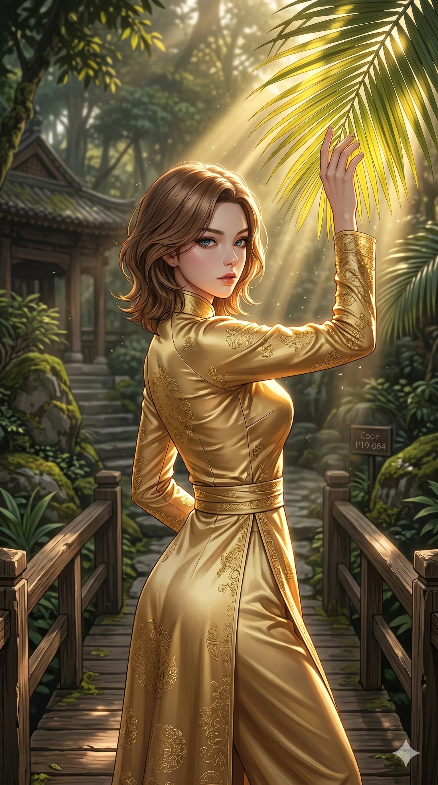 score_9, masterpiece, best quality, ultra-detailed, high-budget anime keyframe, editorial fashion photography, tasteful artistic composition, Korean woman. cowboy shot from the thighs up, character and outfit filling the frame for maximum editorial presence. reaching up to touch a palm leaf, looking over her shoulder with a magnetic, sultry gaze on a wooden bridge in a traditional resort garden with morning sunbeams (Code-P19-064). She has an absolutely perfect 8-heads proportion, an exceptionally tall and slender female figure with impossibly long slender legs and an ultra-slim waist. V-shaped jawline, high-bridge nose, intricate jewel-like eyes with depth, thick eyelashes, glossy lips with a natural sheen. wearing a modern high-neck traditional robe in gold silk with long sleeves. dramatic chiaroscuro with a single golden sunbeam filtering through the trees. 2k, ultra detail, master piece, 9:16 ratio