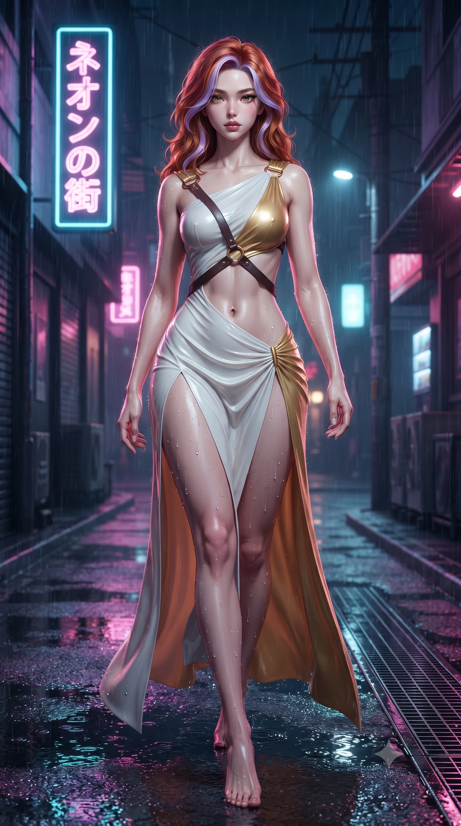 score_9, masterpiece, best quality, ultra-detailed, high-budget anime keyframe, editorial fashion photography, tasteful artistic composition, Caucasian woman. low angle full-body shot from head to toe showing her feet, filling the entire 9:16 vertical frame with her statuesque presence, stretching her vertical silhouette. striding forward in a proud supermodel runway stride, hips swaying in an alluring kinetic rhythm that accentuates her curvy hourglass silhouette while twisting her slender torso in an alluring contrapposto stance beside a glowing kanji signboard, rain droplets glistening along her long slender legs and curvy hips. The surrounding environment is rendered in vivid detail and crisp panoramic clarity. sharp chrome grating textures, wet asphalt puddle reflections, and neon glass filament clarity in deep focus. She has an exceptionally tall and slender model-like 8.5-heads proportion, an ultra-slim waist, a flat toned midriff, narrow delicate ribcage, and beautifully sculpted feminine hips creating a graceful, slim hourglass silhouette without any bulky heaviness, with impossibly long slender legs. sharp v-shaped jawline, high-bridge nose, intricate jewel-like eyes with depth, thick eyelashes, glossy parted lips with a natural sheen, intensely captivating and seductive bedroom-eyes expression, flawlessly proportioned anatomical accuracy, strict slender model proportions, natural body alignment, perfectly sculpted long slender limbs, ultra-slim waistline, clean dynamic posture without body distortion. wearing a high-slit Grecian goddess draped gown with asymmetrical gold shoulder clasps and hip gathering in pure alabaster white and sun-kissed gold, tailored from second-skin aerodynamic stretch vinyl with specular wet sheen, featuring an open-back criss-cross harness strap in dark leather, the dramatically scooped open back descending to the base of her spine, accentuating her razor-sharp statuesque lines and slim hourglass silhouette. illuminated by wet ground specular reflections accentuating her sculpted midriff, narrow waist, and curvy hips. ultra-reflective glossy finish, specular highlights, rich textural contrasts, high-contrast stereoscopic depth, volumetric dynamic lighting, 2k, ultra detail, master piece, 9:16 ratio