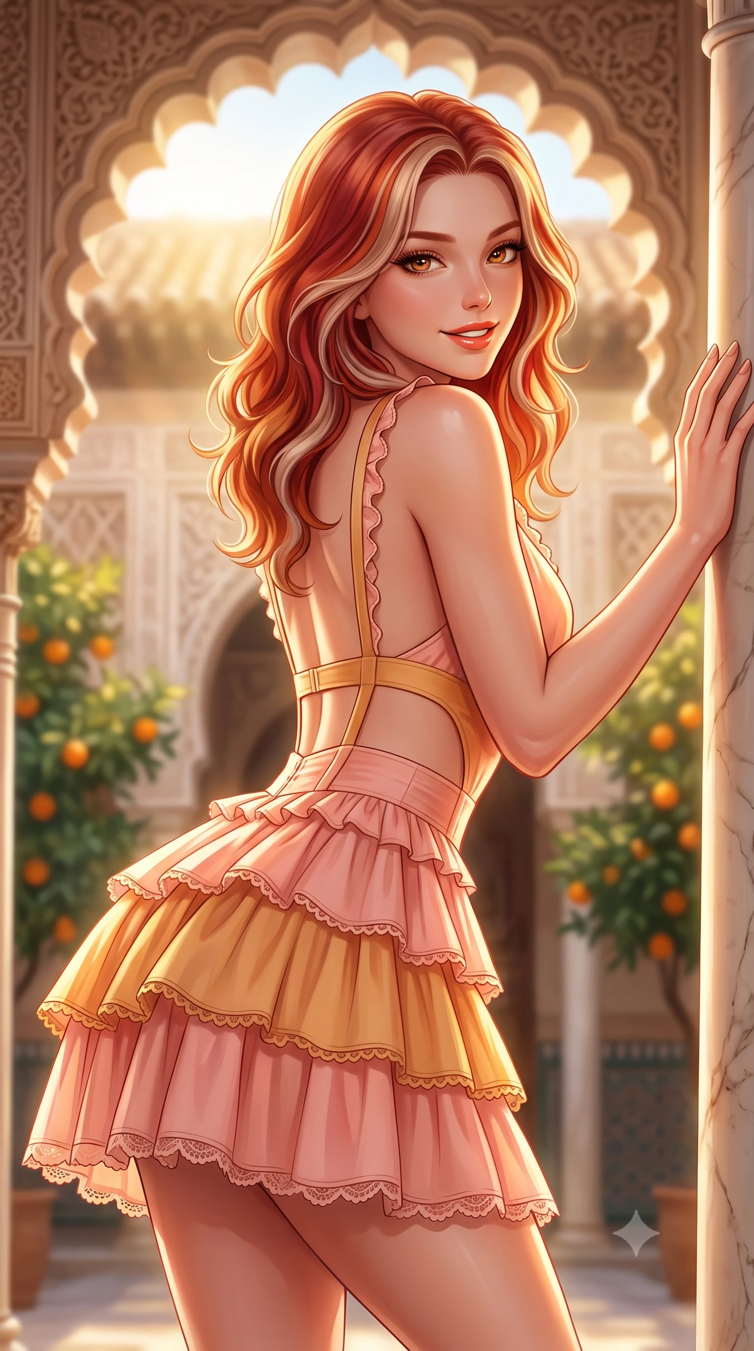 score_9, masterpiece, best quality, ultra-detailed, high-budget anime keyframe, semi-realistic 3D game render, editorial fashion photography, tasteful artistic composition, Caucasian woman. close-up cowboy shot from the waist and thighs up, the character dominates the composition, filling the frame with her large presence. leaning forward with playful sun-kissed grace while arching her lower back to accentuate her curvy hips, looking into the camera with a radiant teasing smile and alluring bedroom-eyes while leaning against a slender marble column with hips cocked back, looking over a bare shoulder with an alluring, sovereign gaze. The composition keeps background elements in soft focus with dreamy creamy bokeh. soaring horseshoe arches, intricate stucco plasterwork, and fragrant bitter orange trees blurred into ochre, terracotta, and emerald bokeh. She has an exceptionally elegant, slender, and willowy female figure with an ultra-slim waist, flat toned midriff, narrow ribcage, and sculpted feminine hips creating an alluring, slim hourglass silhouette without bulk. sharp v-shaped jawline, high-bridge nose, sparkling amber-hazel eyes with depth, long lush eyelashes, glossy sun-kissed lips with a warm coral glaze, radiant teasing smile with sensual sunlit bedroom-eyes, exuding effortless old-money elegance and intoxicating sun-drenched allure, flawlessly proportioned anatomical accuracy, strict slender model proportions, natural body alignment, perfectly sculpted long slender limbs, ultra-slim waistline, clean dynamic posture without body distortion. wearing a tiered ruffled chiffon resort mini dress with an ultra-slim corseted waist and open back in soft peach blossom pink and warm apricot gold, tailored from crisp cotton poplin with clean structural architectural lines, finished with subtle ruffle trims and delicate scallop lace edging, the precision-cut side openings and low-back scoop framing her graceful spine and the sensual sweep of her slim, sun-kissed hips. bathed in dramatic Andalusian late-afternoon golden hour sunlight streaming through scalloped arches. highly saturated vibrant anime colors, detailed shading with soft gradients, rich glossy textures, high-contrast stereoscopic depth, volumetric dynamic lighting, master piece, 9:16 ratio