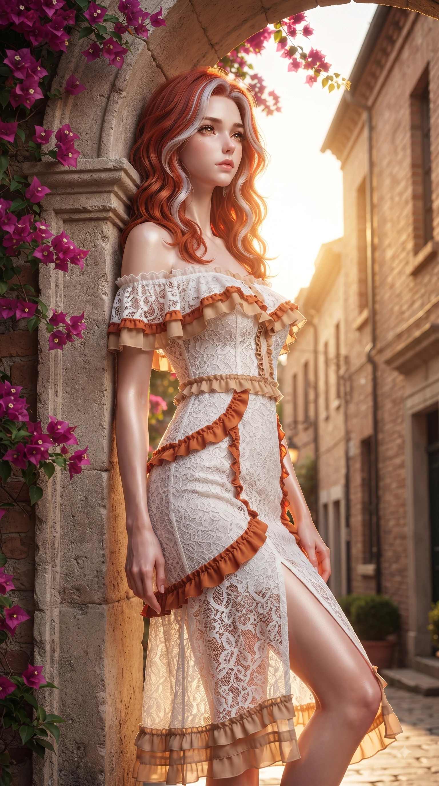 score_9, masterpiece, best quality, ultra-detailed, high-budget anime keyframe, editorial fashion photography, tasteful artistic composition, Caucasian woman. close-up cowboy shot from the waist and thighs up, the character dominates the composition, filling the frame with her large presence. Wistful sorrowful gaze looking distant with a delicate melancholy and emotional depth in her eyes while leaning against a classic stone archway framed by trailing bougainvillea flowers. The surrounding environment is rendered in vivid detail and crisp panoramic clarity. rich golden sunlight streaming between historic brick facades rendered with vivid environmental detail. She has an exceptionally elegant, slender, and willowy female figure with an ultra-slim waist, a gracefully sculpted slender torso, and a refined silhouette. sharp v-shaped jawline, high-bridge nose, intricate jewel-like eyes with depth, thick eyelashes, glossy lips with a natural sheen, flawlessly proportioned anatomical accuracy, natural body alignment, perfectly sculpted elegant limbs, clean dynamic posture without body distortion. wearing a chic white lace off-shoulder midi dress decorated with delicate ruffle trims in burnt orange and warm camel beige, woven from fine lightweight chiffon fluttering gracefully, finished with a sleek side slit ascending to mid-thigh, the tailored fit highlighting her statuesque and model-like silhouette. illuminated by high-contrast directional key light and warm ambient reflections. ultra-reflective glossy finish, specular highlights, metallic sheen, high-contrast stereoscopic depth, volumetric dynamic lighting, 2k, ultra detail, master piece, 9:16 ratio