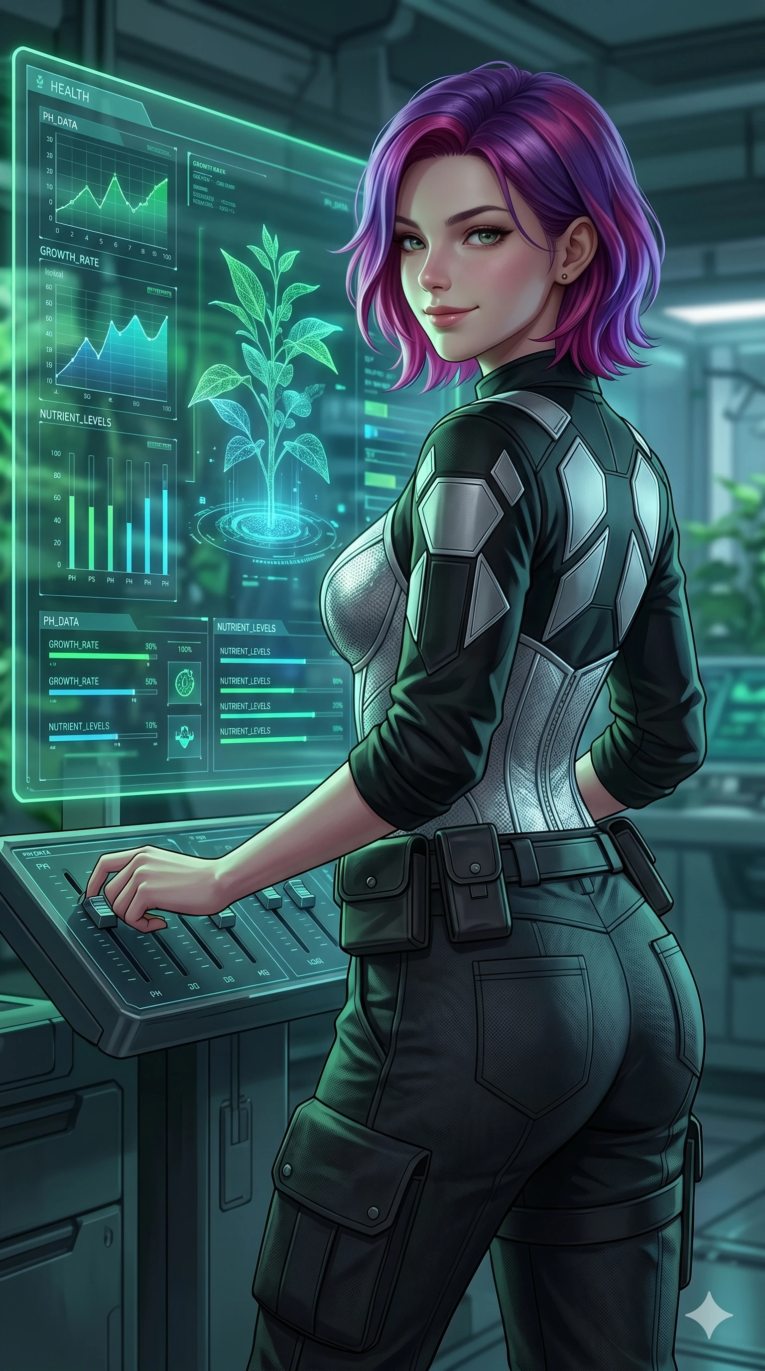 score_9, masterpiece, best quality, ultra-detailed, high-budget anime keyframe, semi-realistic 3D game render, Caucasian woman, strictly human ears. Upper body close-up from the thighs up, character filling the screen for maximum presence. Standing next to a giant digital display showing plant health data, adjusting control sliders, looking back with a confident, proud smile. She is wearing a tech-wear uniform shirt over a structured silver bodice and dark trousers. The scene is lit by the green and blue lights of the health monitoring screen. 2k, ultra detail, master piece, 9:16 ratio
