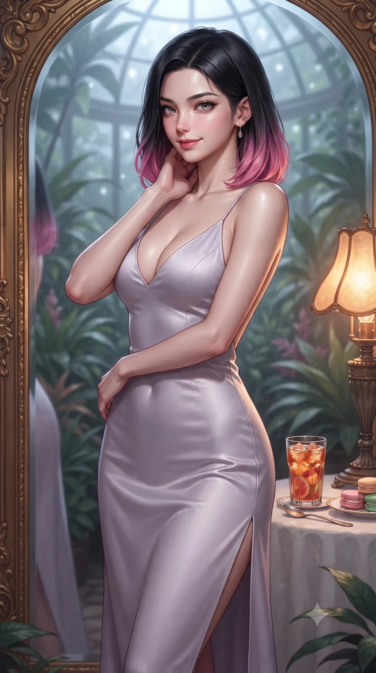 score_9, masterpiece, best quality, ultra-detailed, high-budget anime keyframe, editorial fashion photography, tasteful artistic composition, Korean woman. close-up cowboy shot from the waist and thighs up, the character dominates the composition, filling the frame with her large presence, background elements kept in soft focus. gazing into a gilded mirror reflection with a confident, sensual smile, tracing her neck contour set against a soft-focus background of inside an exclusive botanical greenhouse with a glass of iced fruit tea and delicate macaron pastries arranged on the table. She has an exceptionally elegant, slender, and willowy female figure with an ultra-slim waist, a gracefully sculpted slender torso, and a refined silhouette. sharp v-shaped jawline, high-bridge nose, intricate jewel-like eyes with depth, thick eyelashes, glossy lips with a natural sheen. wearing form-contouring pale lavender matte silk open-back silk slip dress featuring a deep V-neckline and a leg-lengthening side slit featuring refined tailored seams. illuminated by soft silver moonlight contrasting with the warm amber glow of a nearby lamp. ultra-reflective glossy finish, specular highlights, metallic sheen, high-contrast stereoscopic depth, volumetric dynamic lighting, 2k, ultra detail, master piece, 9:16 ratio