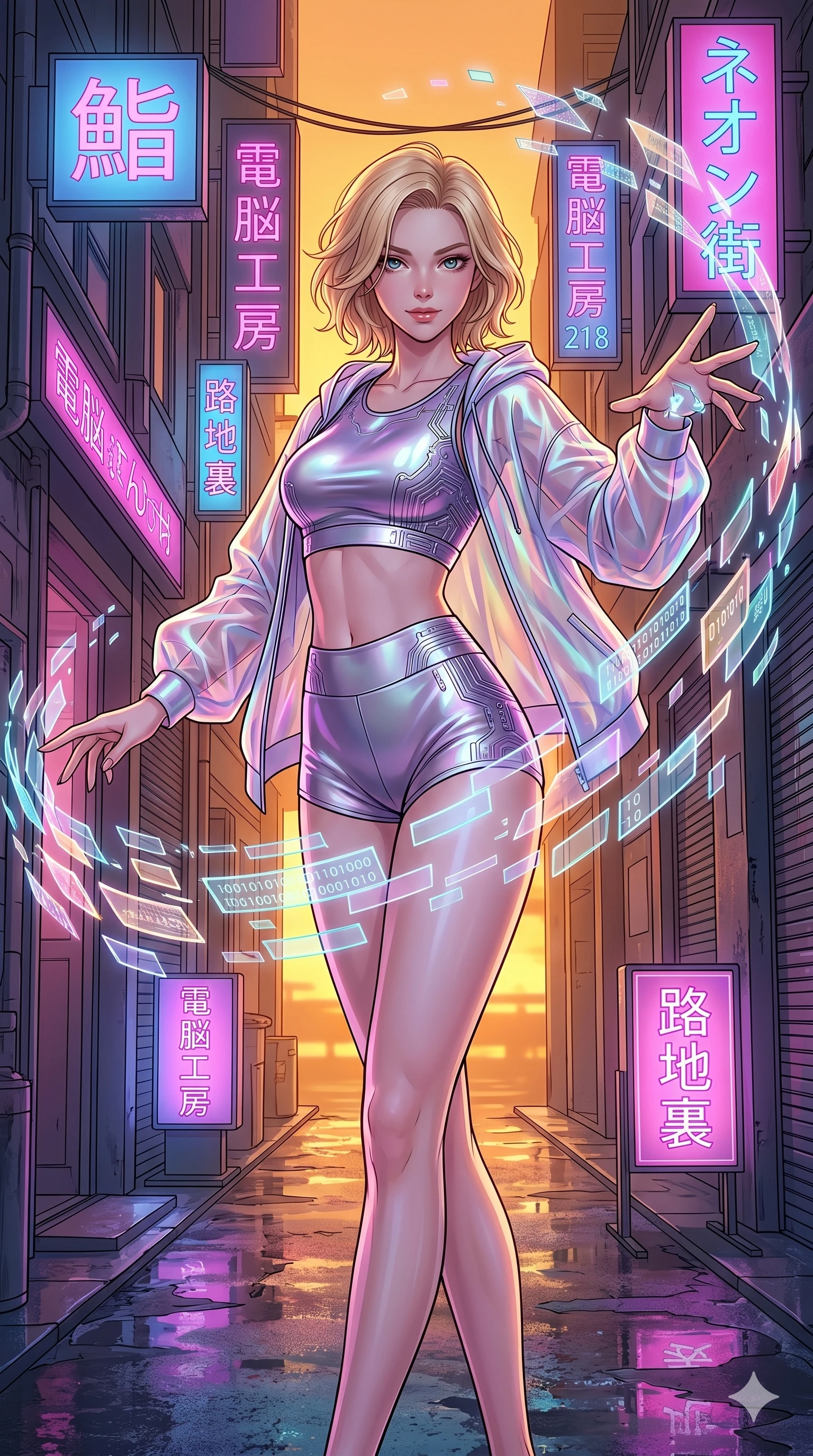 score_9, masterpiece, best quality, ultra-detailed, high-budget anime movie keyframe, cinematic anime lighting, intricate line art, Japanese woman. Medium shot of upper body capturing the intricate details of her high-fashion attire. dancing with data-shards in a neon-lit cyberpunk alleyway during a golden sunset. She has an absolutely perfect 8-heads proportion, an exceptionally tall and slender female figure with an ultra-slim waist and impossibly long slender legs. sharp v-shaped jawline, high-bridge nose, intricate jewel-like eyes, thick eyelashes, glossy lips. Wearing premium athleisure set with a metallic-finish compression top, high-cut yoga shorts that accentuate her long legs, and a sheer oversized hoodie. The scene is illuminated by dramatic atmospheric lighting and vibrant color palettes. , 2k, ultra detail, master piece, 9:16 ratio
