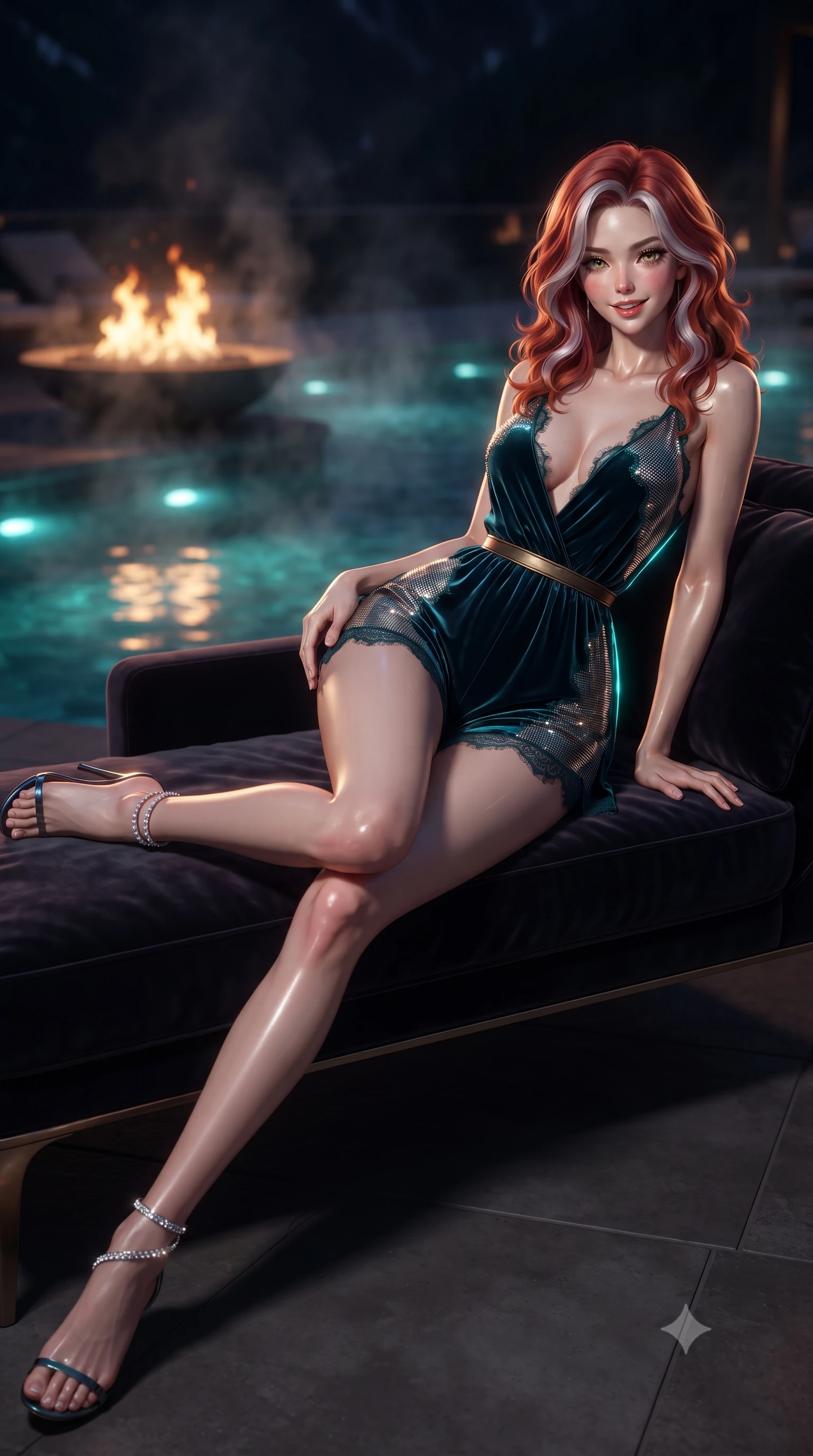 score_9, masterpiece, best quality, ultra-detailed, high-budget anime keyframe, editorial fashion photography, tasteful artistic composition, Caucasian woman. low angle full-body shot from head to toe showing her feet, filling the entire 9:16 vertical frame with her statuesque presence, stretching her vertical silhouette. reclining gracefully across the plush chaise lounge with one leg extended, her sculpted silhouette and flat midriff radiating magnetic nocturnal glamour while twisting her slender torso in an alluring contrapposto stance at the water's edge, dancing orange flames and turquoise pool lights tracing her narrow waist and curvy hips. The background shows a soft-focus steaming black water pool surfaces softened in minimalist alpine luxury shallow focus. She has an absolutely perfect, statuesque 8.5-heads proportion, an exceptionally tall and slender model-like female figure with impossibly long slender legs, an ultra-slim waist, a flat toned midriff, narrow delicate ribcage, and beautifully sculpted feminine hips creating a graceful, slim hourglass silhouette without any bulky heaviness. sharp v-shaped jawline, high-bridge nose, sparkling eyes with hypnotic seductive depth, thick curled eyelashes, glossy parted lips with a natural dewy peach sheen, alluring bedroom-eyes with an enchanting coquettish smile, exuding magnetic siren charisma and sophisticated glamour, flawlessly proportioned anatomical accuracy, strict slender model proportions, natural body alignment, perfectly sculpted long slender limbs, ultra-slim waistline, clean dynamic posture without body distortion. wearing a plunge-neck stretch velvet romper with scalloped eyelash-lace hems and a cinched waist ribbon in deep peacock teal and burnished antique brass, crafted from shimmering fluid chainmail mesh reflecting ambient lights, complemented by strappy stiletto sandals with crystal ankle wraps accentuating her slender calves, the second-skin tailored fabric adhering flawlessly to her sculpted flat midriff and slender torso, emphasizing her long leg lines and perfectly proportioned willowy build. illuminated by water reflection caustics and sharp platinum-gold rim lights sculpting her razor-sharp jawline, narrow waist, and curvy hips. ultra-reflective glossy finish, specular highlights, rich textural contrasts, high-contrast stereoscopic depth, volumetric dynamic lighting, 2k, ultra detail, master piece, 9:16 ratio