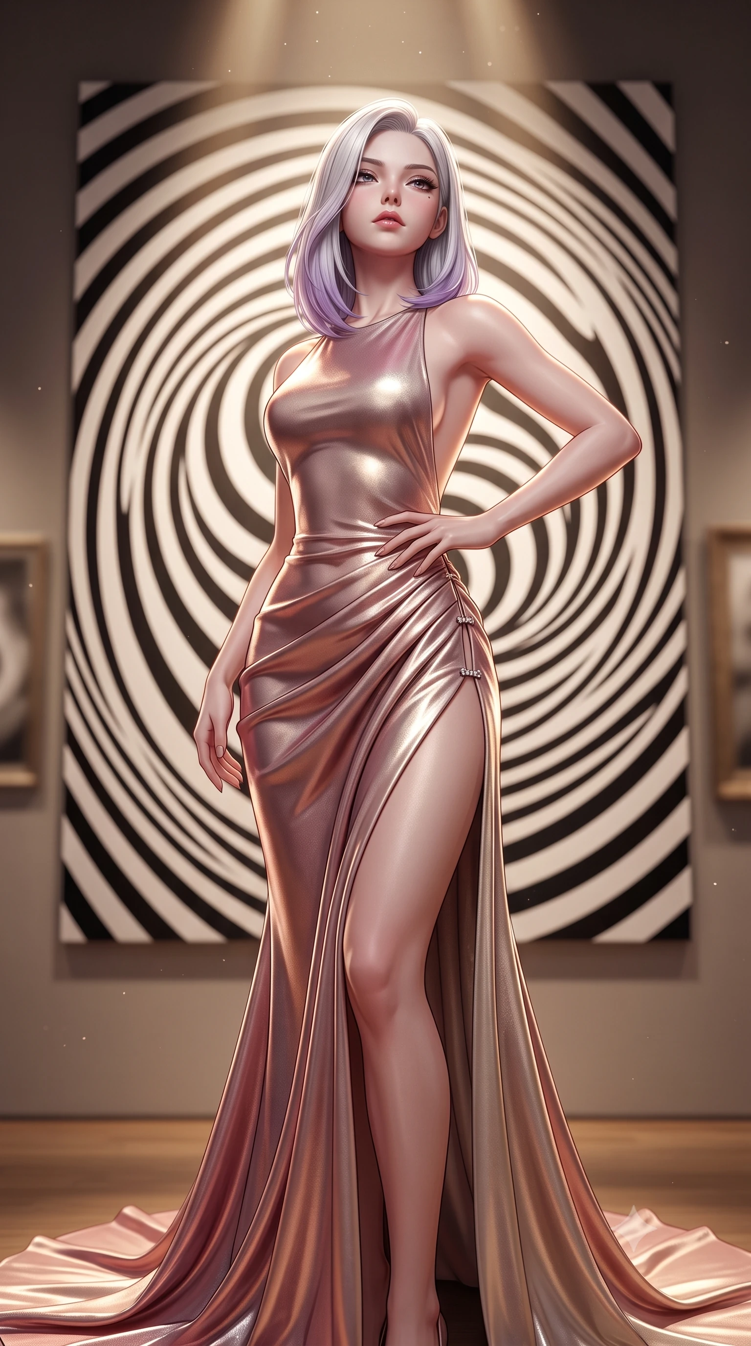 score_9, masterpiece, best quality, ultra-detailed, high-budget anime keyframe, semi-realistic 3D game render, editorial fashion photography, tasteful artistic composition, Caucasian woman. close-up cowboy shot from the waist and thighs up, the character dominates the composition, filling the frame with her large presence. tilting her chin up with proud, sovereign allure while gazing through thick eyelashes, one hand resting on her waist in pure supermodel charisma while posing before a monumental black-and-white op-art painting, twisting her slender torso in a sharp contrapposto stance to mirror the geometric optical curves. The composition keeps background elements in soft focus with creamy bokeh. gallery pin-spotlight beams and reflective floor highlights scattering sleek directional light motes. She has an exceptionally elegant, slender, and willowy female figure with an ultra-slim waist, flat toned midriff, narrow ribcage, and sculpted feminine hips creating an alluring, slim hourglass silhouette without bulk. sharp v-shaped jawline, high-bridge nose, intricate jewel-like eyes with depth, thick eyelashes, glossy parted lips with a natural sheen, intensely captivating and seductive bedroom-eyes expression, flawlessly proportioned anatomical accuracy, strict slender model proportions, natural body alignment, perfectly sculpted long slender limbs, ultra-slim waistline, clean dynamic posture without body distortion. wearing an open-back duchess satin gala gown with a dramatic hip-hugging drape and cascading trailing hem in dusky blush rose and champagne shimmer, crafted from luxurious metallic lamé that shifts radiance with every step, finished with an ultra-high side slit secured by miniature jeweled clasps, the glove-like aerodynamic silhouette tightly following the natural contour of her hips and long slender legs with statuesque 8.5-heads elegance. bathed in precise museum directional spotlights from above and soft floor-level ambient fill. highly saturated vibrant anime colors, detailed shading with soft gradients, rich glossy textures, high-contrast stereoscopic depth, volumetric dynamic lighting, master piece, 9:16 ratio