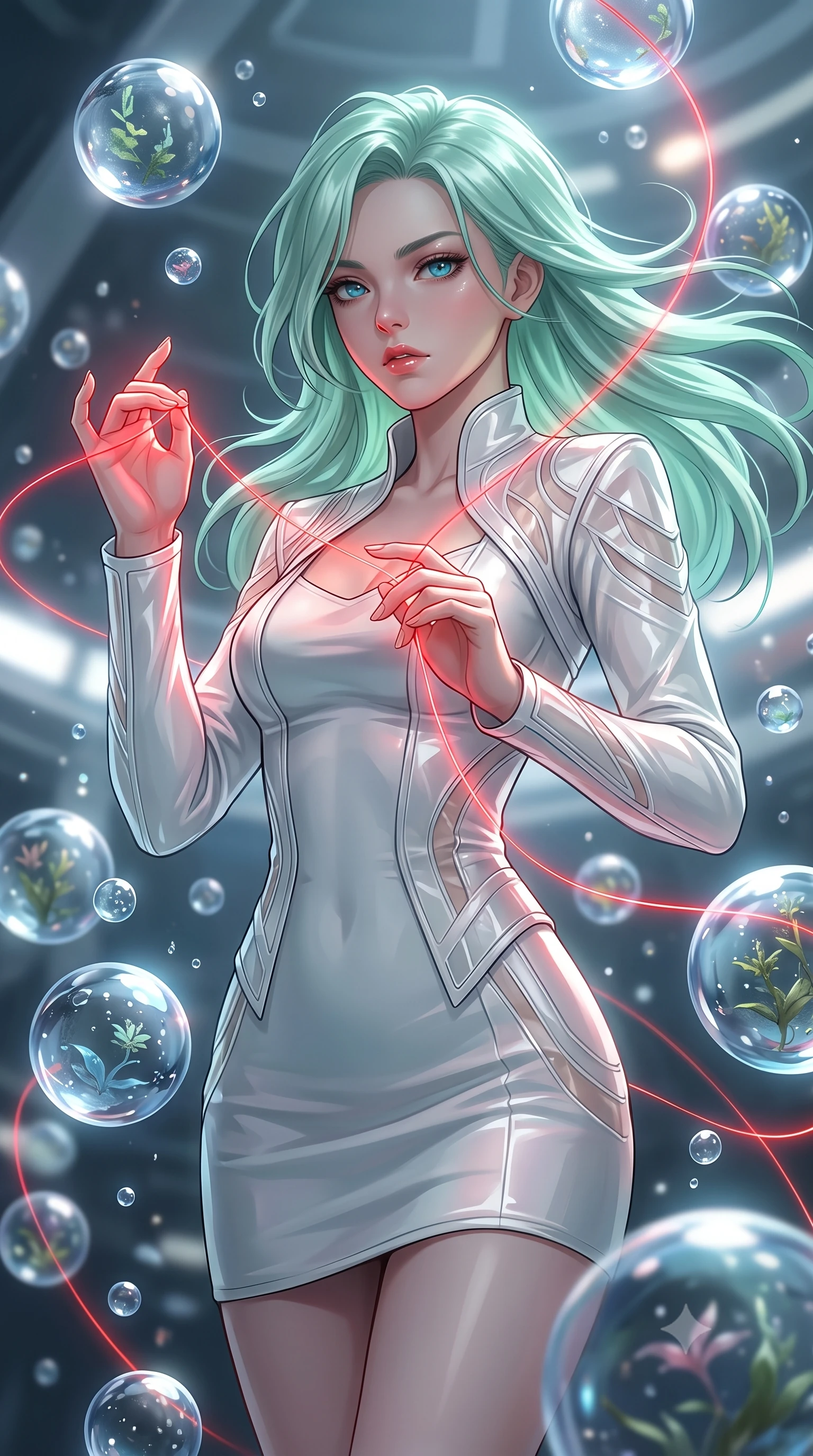 score_9, masterpiece, best quality, ultra-detailed, High-budget Anime Keyframe, East Asian woman. Low angle cowboy shot filling the entire 9:16 frame with her statuesque presence. Scenario 526: tracing a glowing red thread of fate with her fingers in a zero-gravity sanctuary filled with floating water spheres. Her presence is magnetic and overpowering in this high-budget anime scene. Outfit 526: a body-hugging pearl white patent leather jacket featuring layered translucent panels over a sleek slip dress. The clothing is designed to emphasize her exceptionally tall and slender 8-heads proportion. 8-heads proportion, towering silhouette, ultra-slim waist. sharp v-shaped jawline, intricate jewel-like eyes with depth, thick eyelashes, glossy lips. 2k, ultra detail, master piece, 9:16 ratio