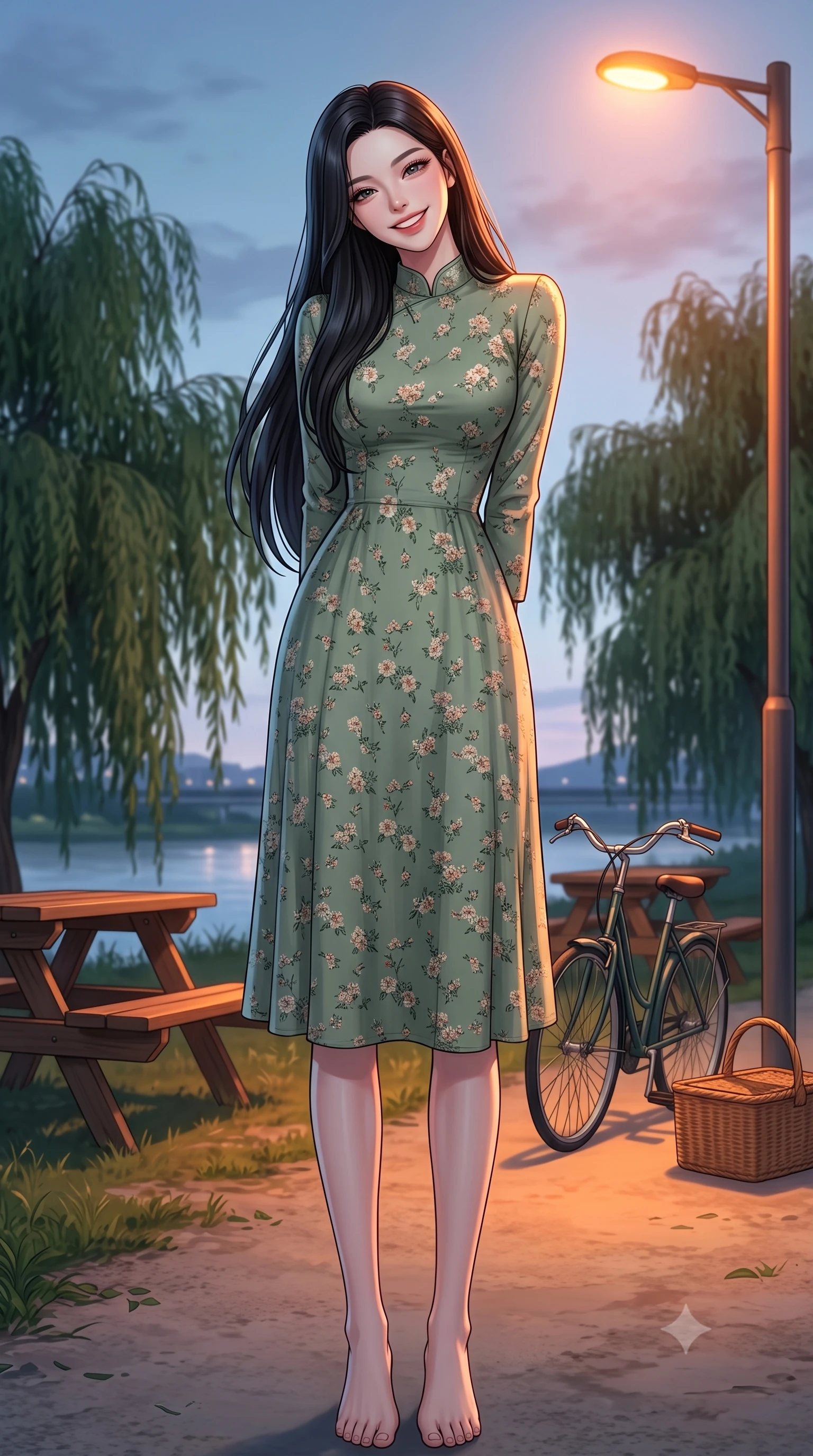 score_9, masterpiece, best quality, ultra-detailed, high-budget anime keyframe, editorial fashion photography, tasteful artistic composition, Korean woman. low angle full-body shot from head to toe showing her feet, filling the entire 9:16 vertical frame with her statuesque presence, stretching her vertical silhouette. standing with a cute, bright pose, tilting her head with a beaming smile set against a soft-focus background of at a riverside picnic area with wooden tables under weeping willow trees with a bicycle and a wicker basket parked on the path behind her. She has an absolutely perfect, statuesque 8.5-heads proportion, an exceptionally tall and slender model-like female figure with impossibly long slender legs and an ultra-slim waist. sharp v-shaped jawline, high-bridge nose, intricate jewel-like eyes with depth, thick eyelashes, glossy lips with a natural sheen. wearing slim-fit lovely floral print midi dress in sage green, featuring a high collar and long sleeves. cool twilight sky glow contrasting with the warm orange light of streetlamps. highly saturated vibrant anime colors, detailed shading with soft gradients, rich glossy textures, high-contrast stereoscopic depth, volumetric dynamic lighting, master piece, 9:16 ratio